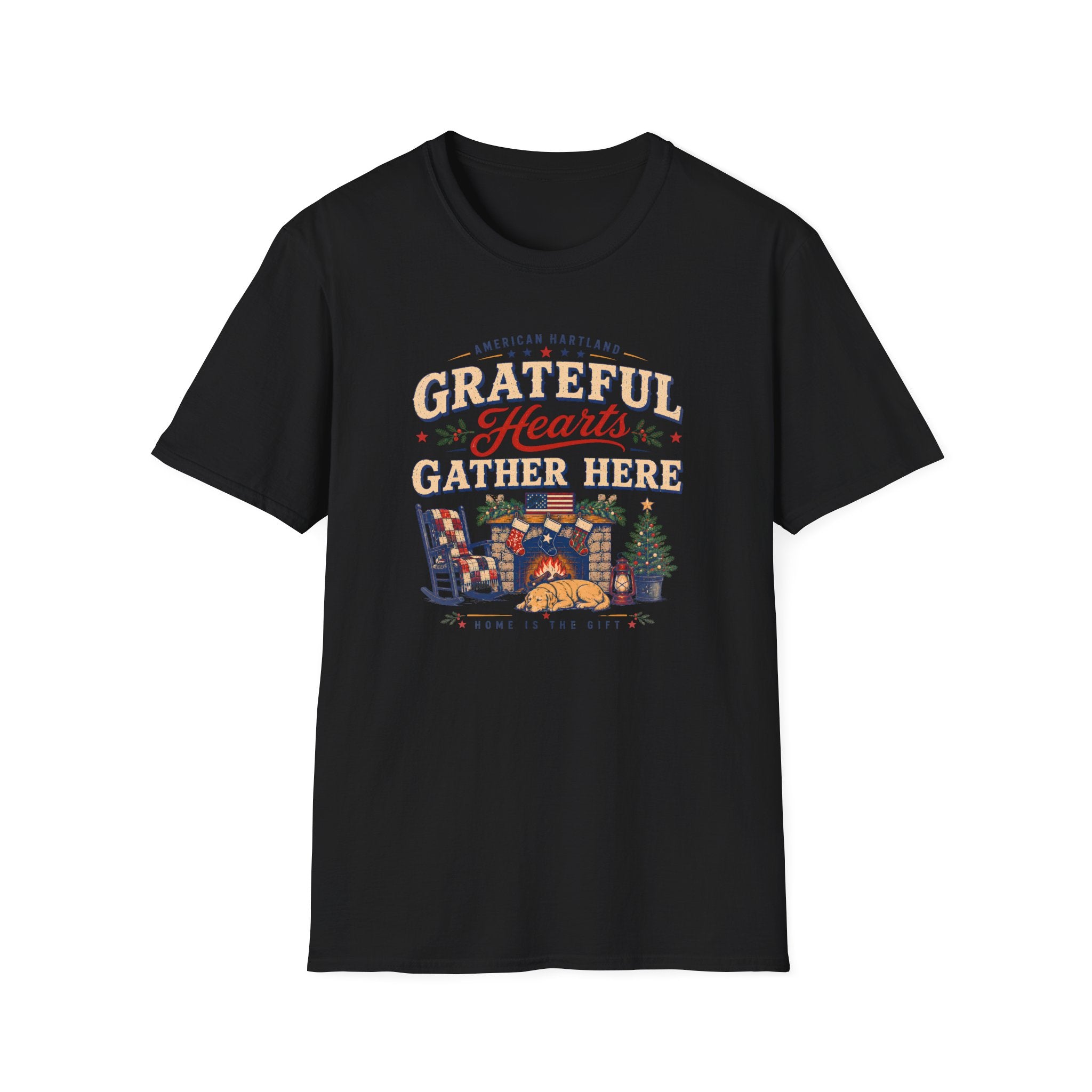 Grateful Hearts Gather Here T-Shirt — Cozy Americana Tee