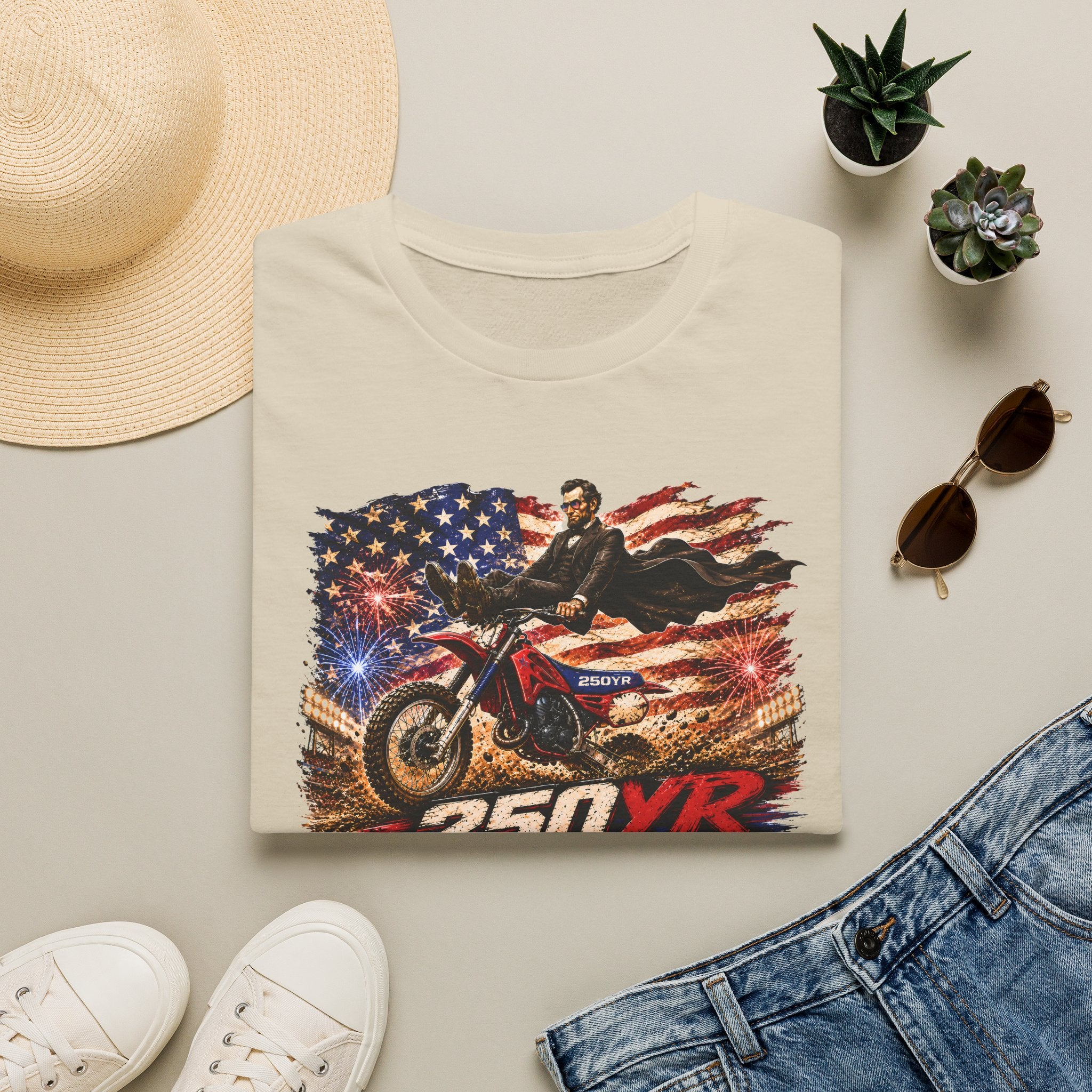 250YR Dirt Bike T‑Shirt — American Flag Motocross Racer Tee