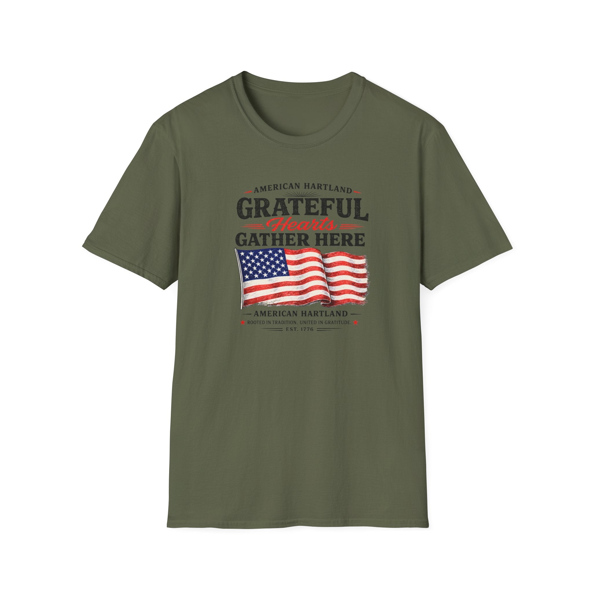 Grateful Hearts Gather Here T-Shirt — American Flag Patriotic Tee
