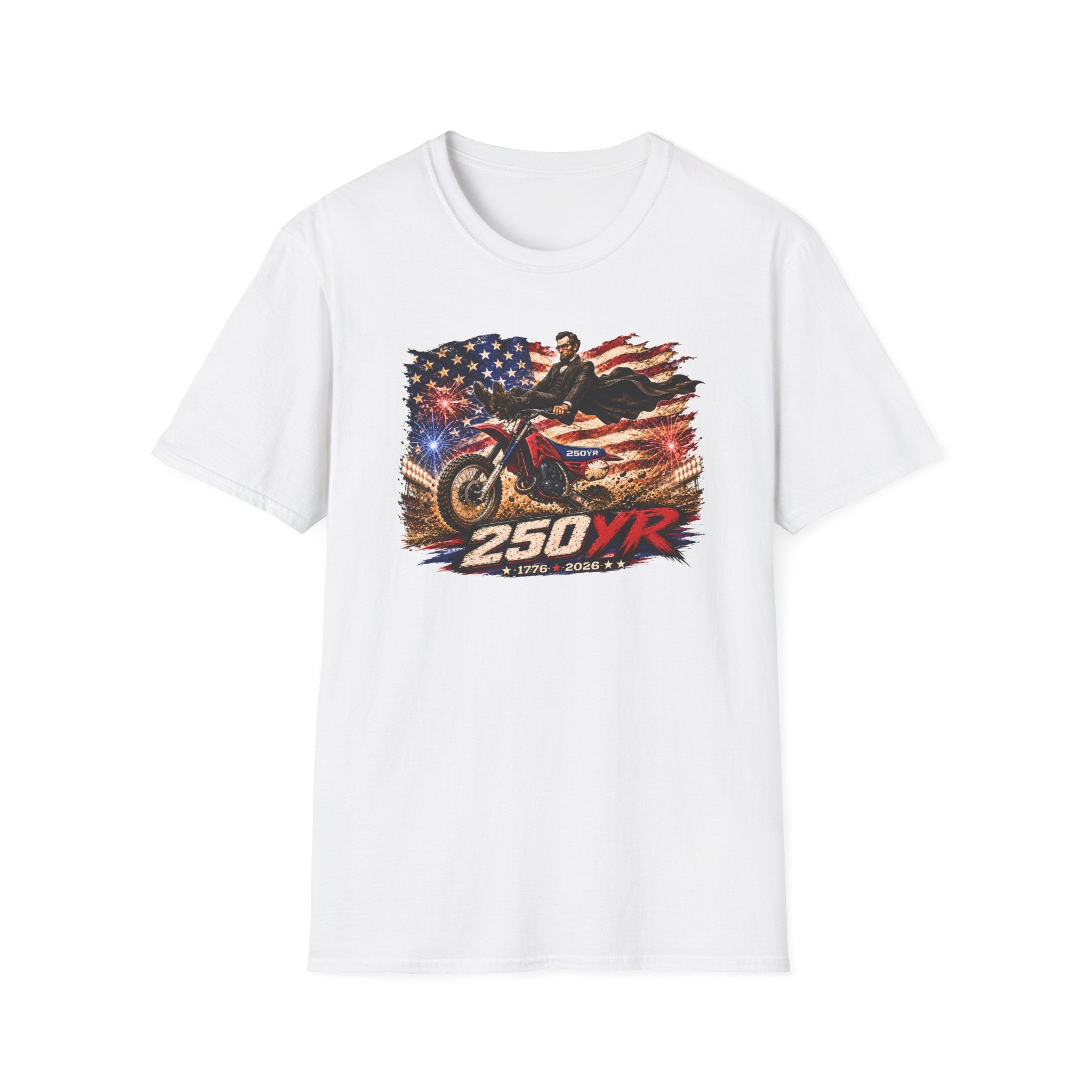 250YR Dirt Bike T‑Shirt — American Flag Motocross Racer Tee