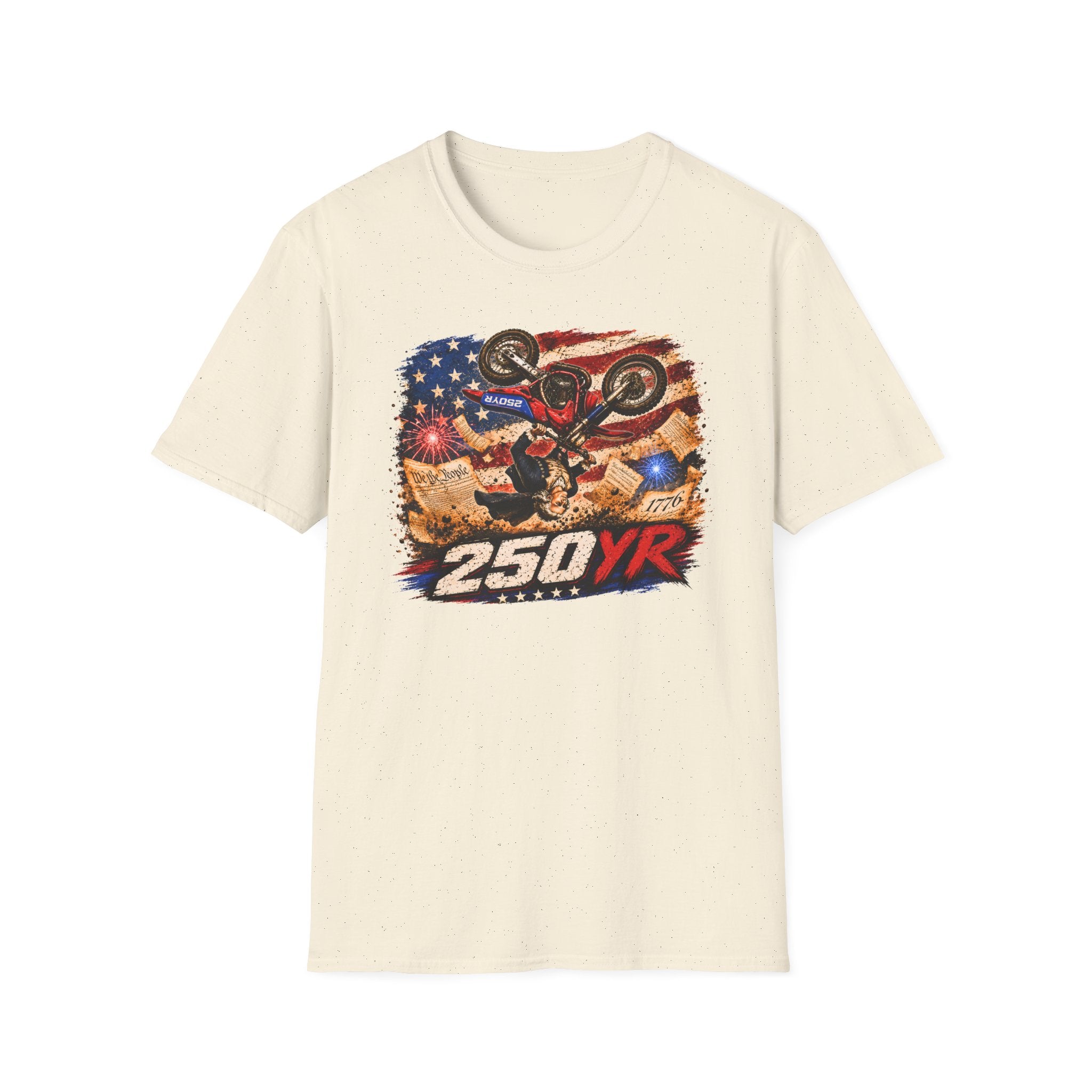 Motorcycle Stunt T-Shirt — American Flag 250YR Dirt Bike Graphic
