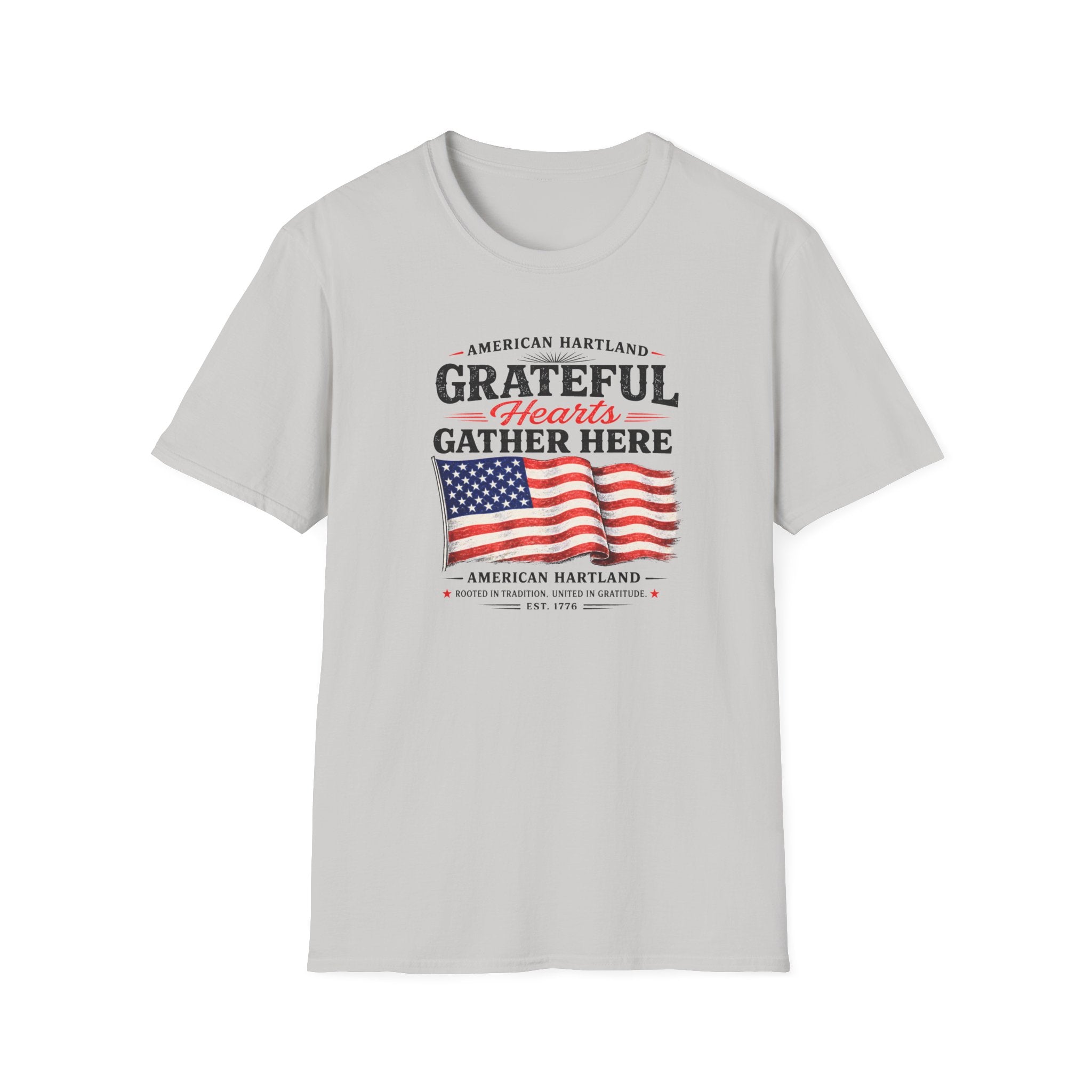 Grateful Hearts Gather Here T-Shirt — American Flag Patriotic Tee