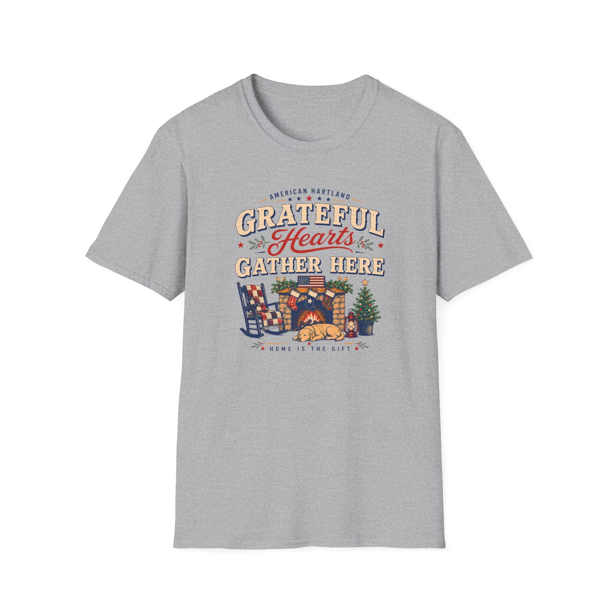 Grateful Hearts Gather Here T-Shirt — Cozy Americana Tee