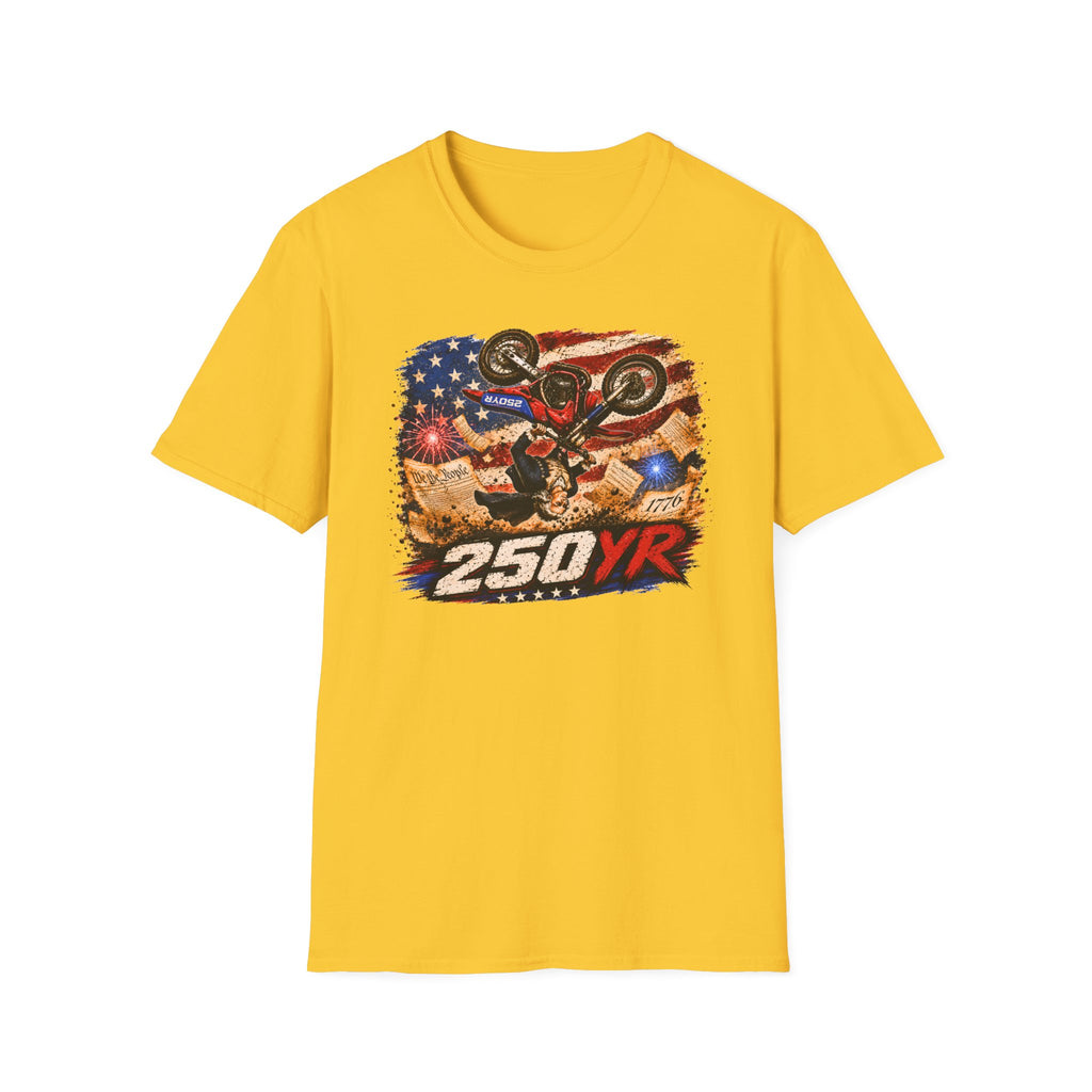 Motorcycle Stunt T-Shirt — American Flag 250YR Dirt Bike Graphic