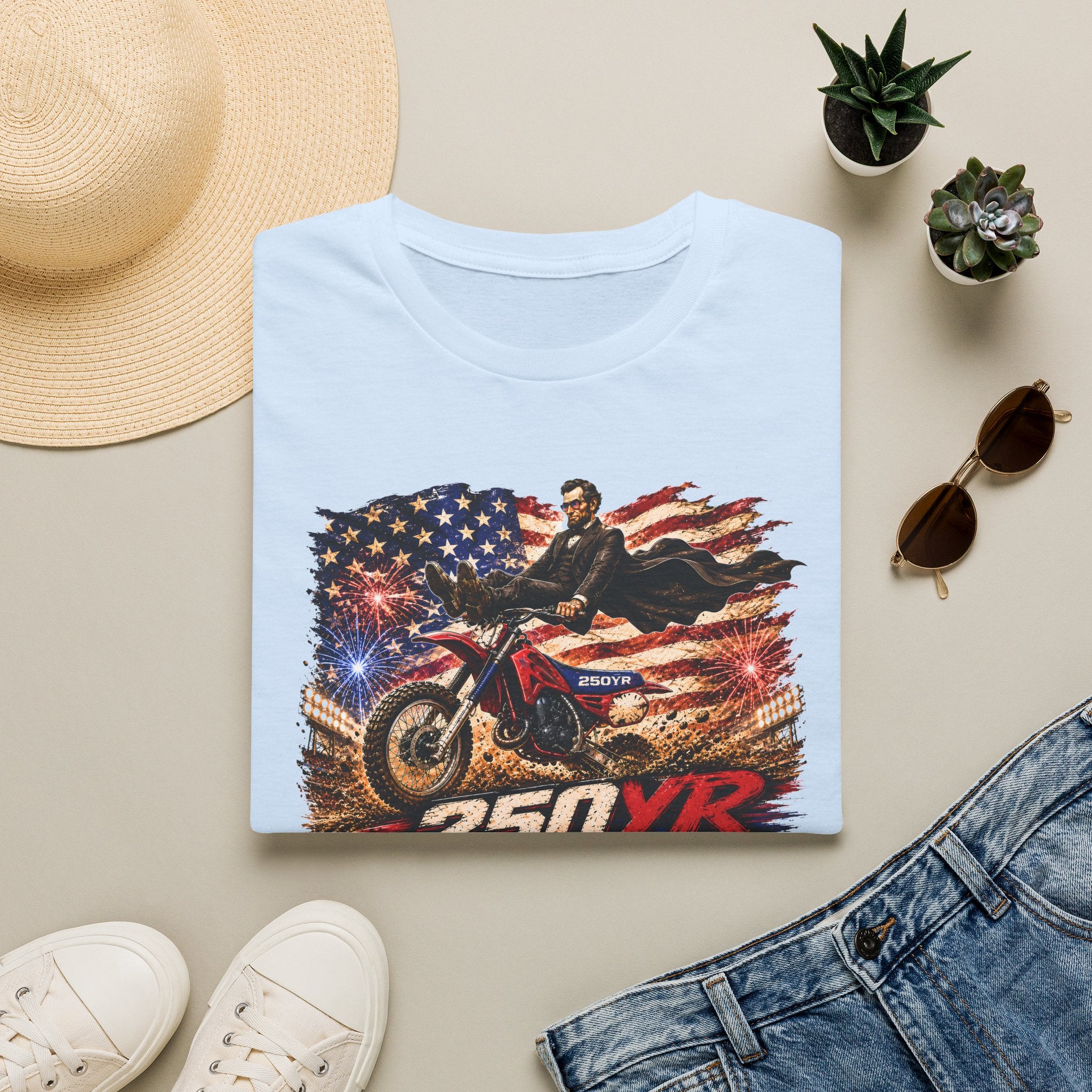 250YR Dirt Bike T‑Shirt — American Flag Motocross Racer Tee