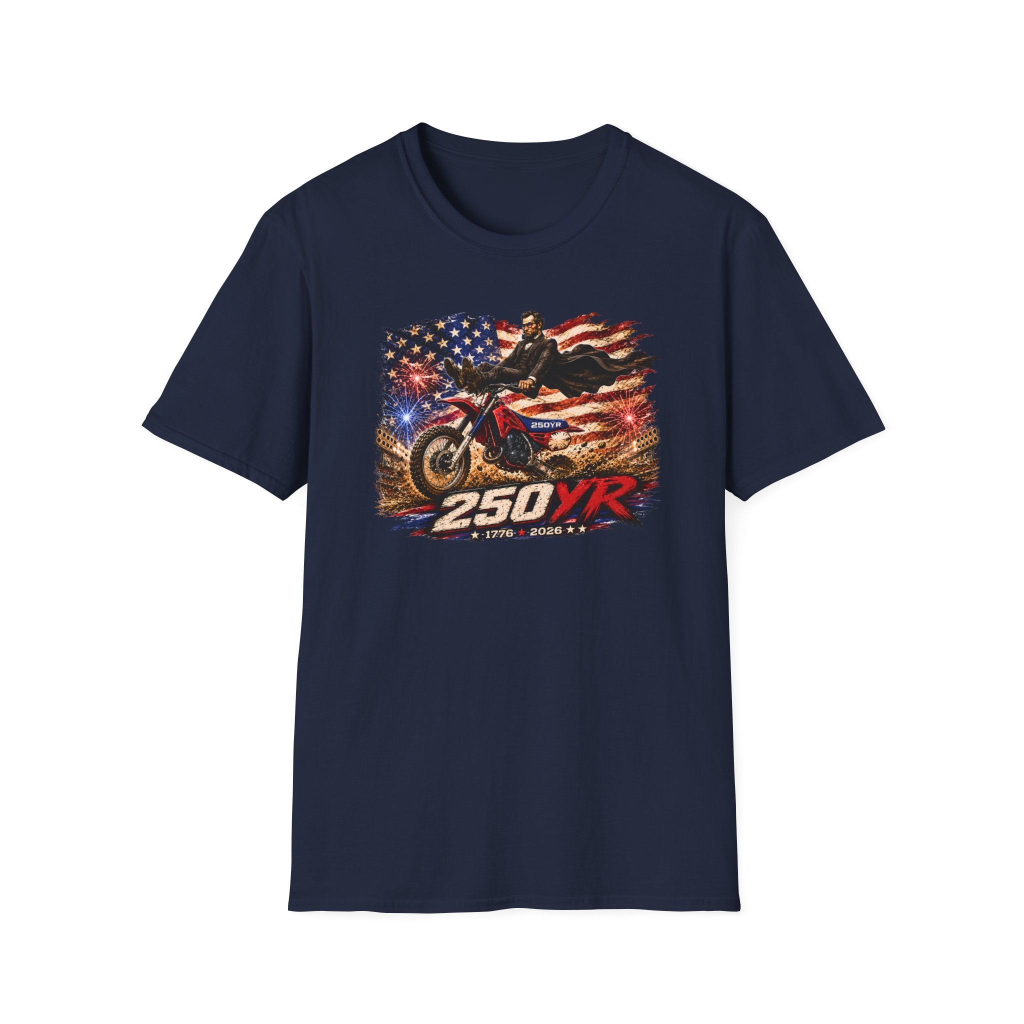 250YR Dirt Bike T‑Shirt — American Flag Motocross Racer Tee