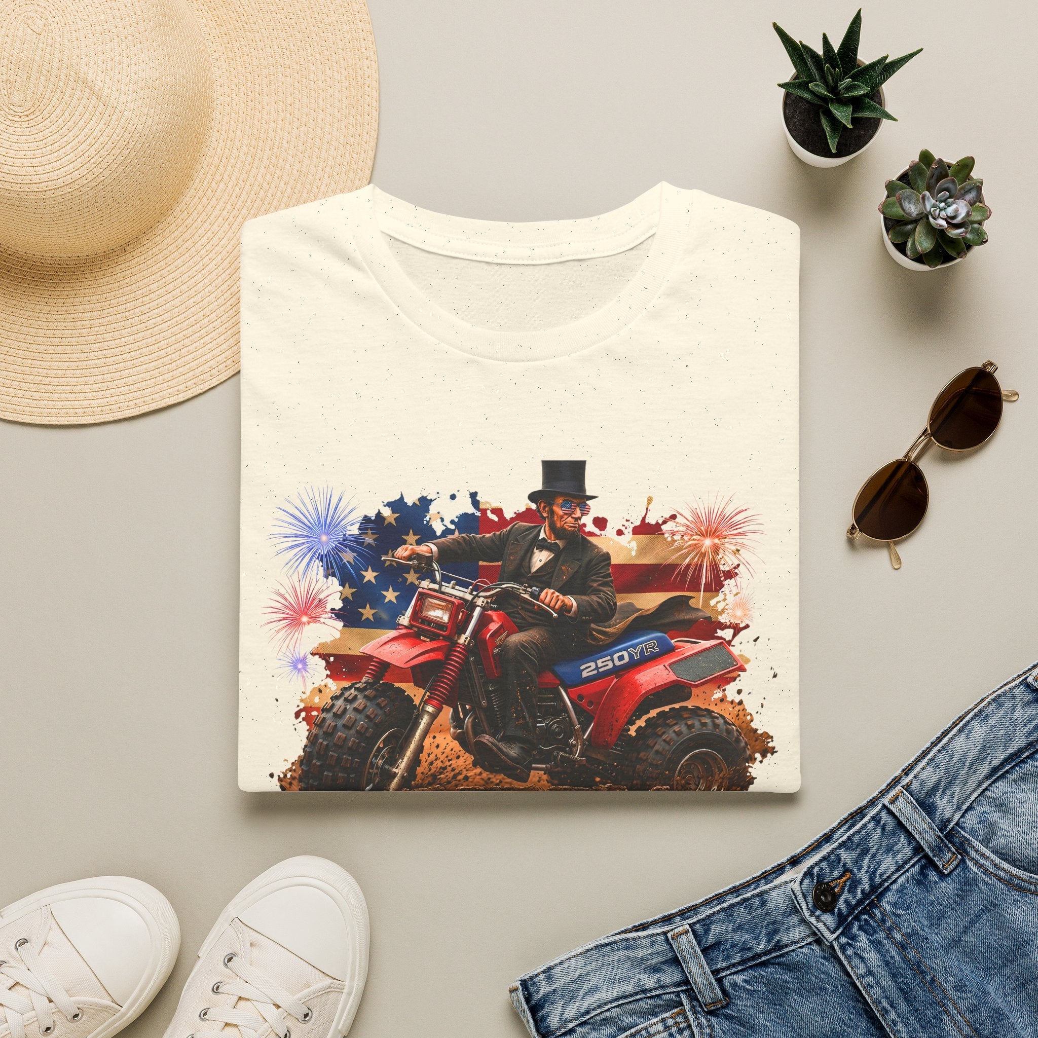 Patriotic Lincoln Riding ATV T-Shirt — 4th of July Veteran Americana Tee