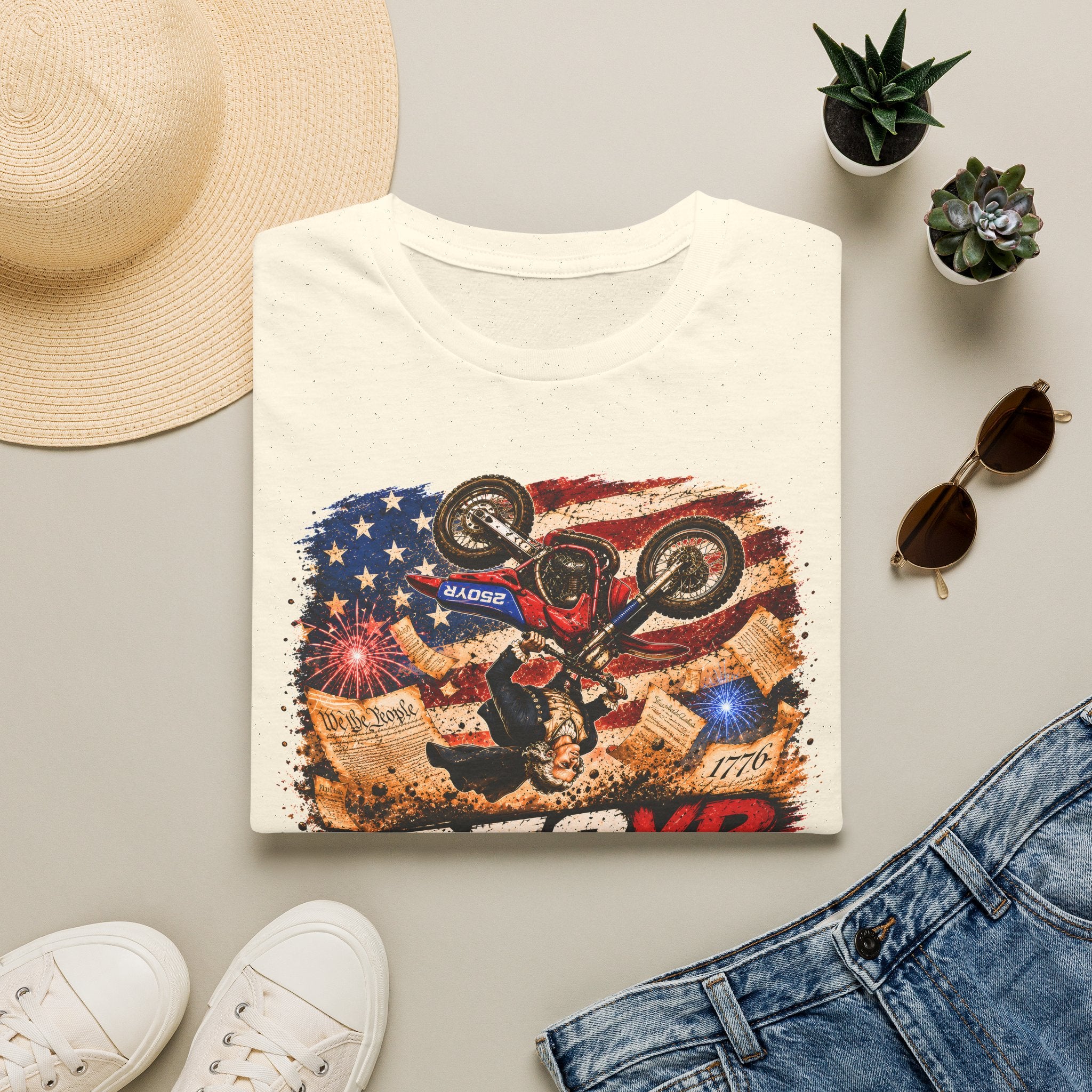 Motorcycle Stunt T-Shirt — American Flag 250YR Dirt Bike Graphic