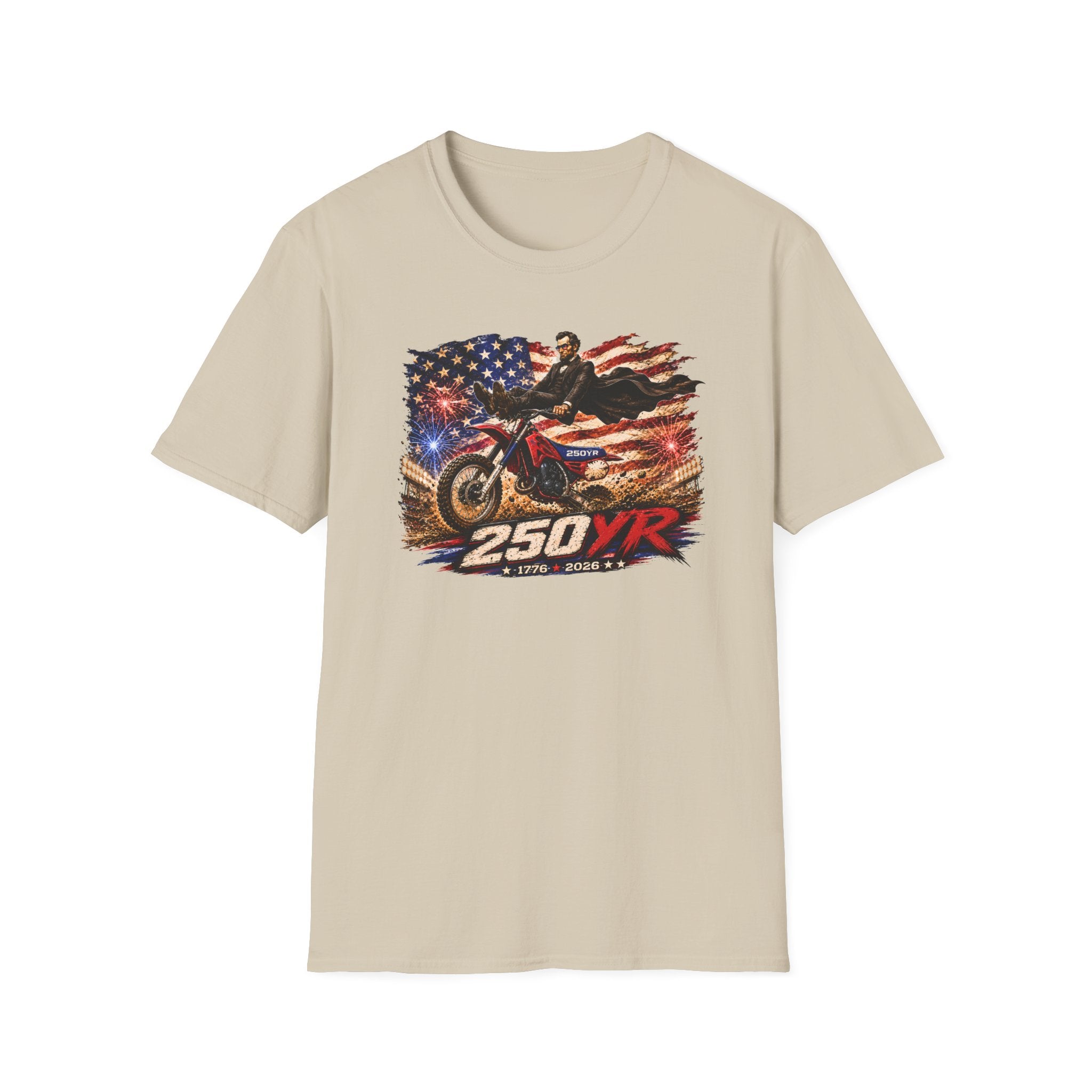 250YR Dirt Bike T‑Shirt — American Flag Motocross Racer Tee