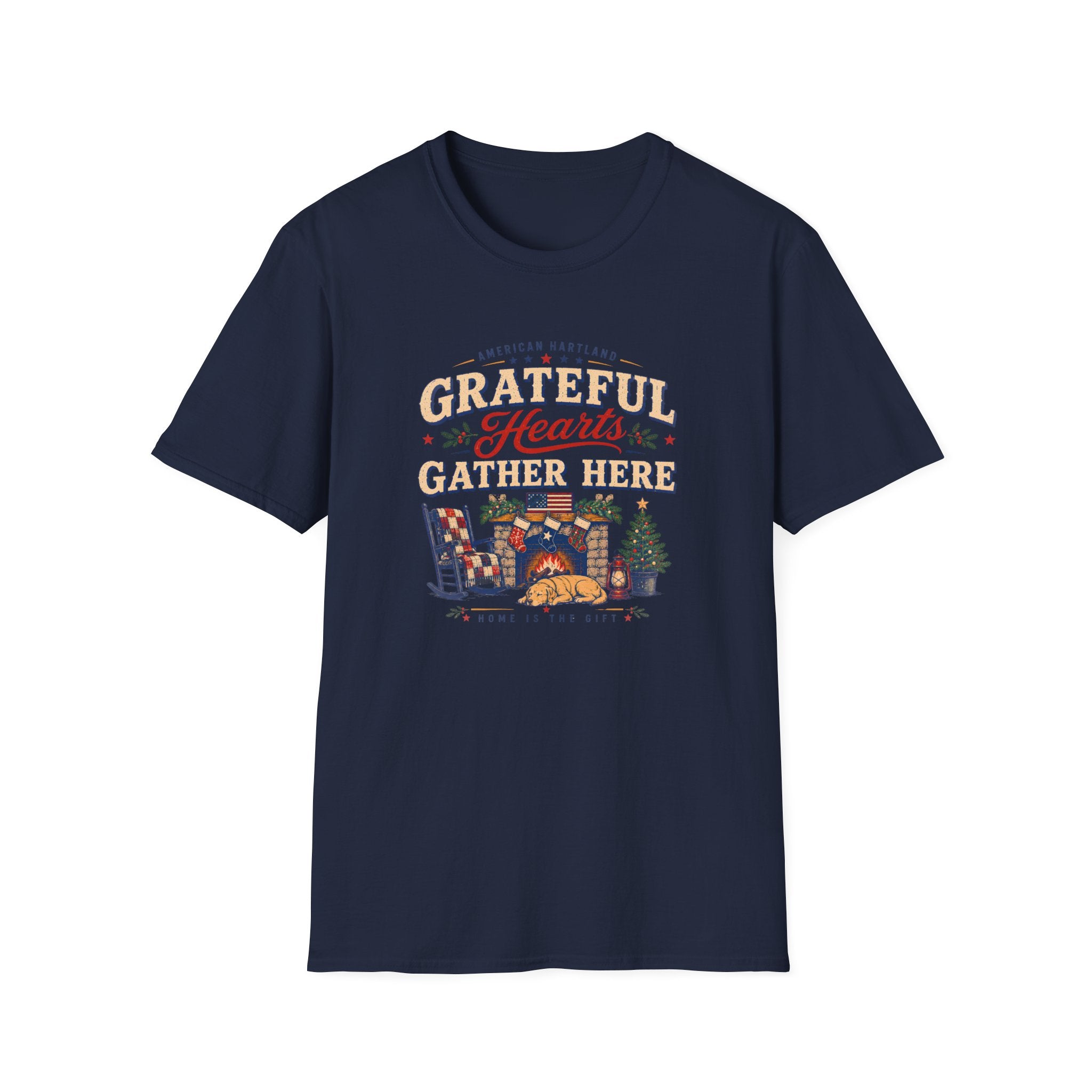 Grateful Hearts Gather Here T-Shirt — Cozy Americana Tee