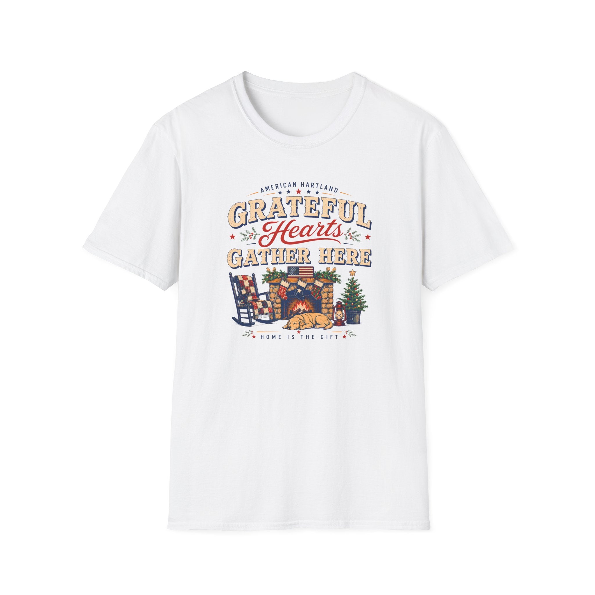 Grateful Hearts Gather Here T-Shirt — Cozy Americana Tee