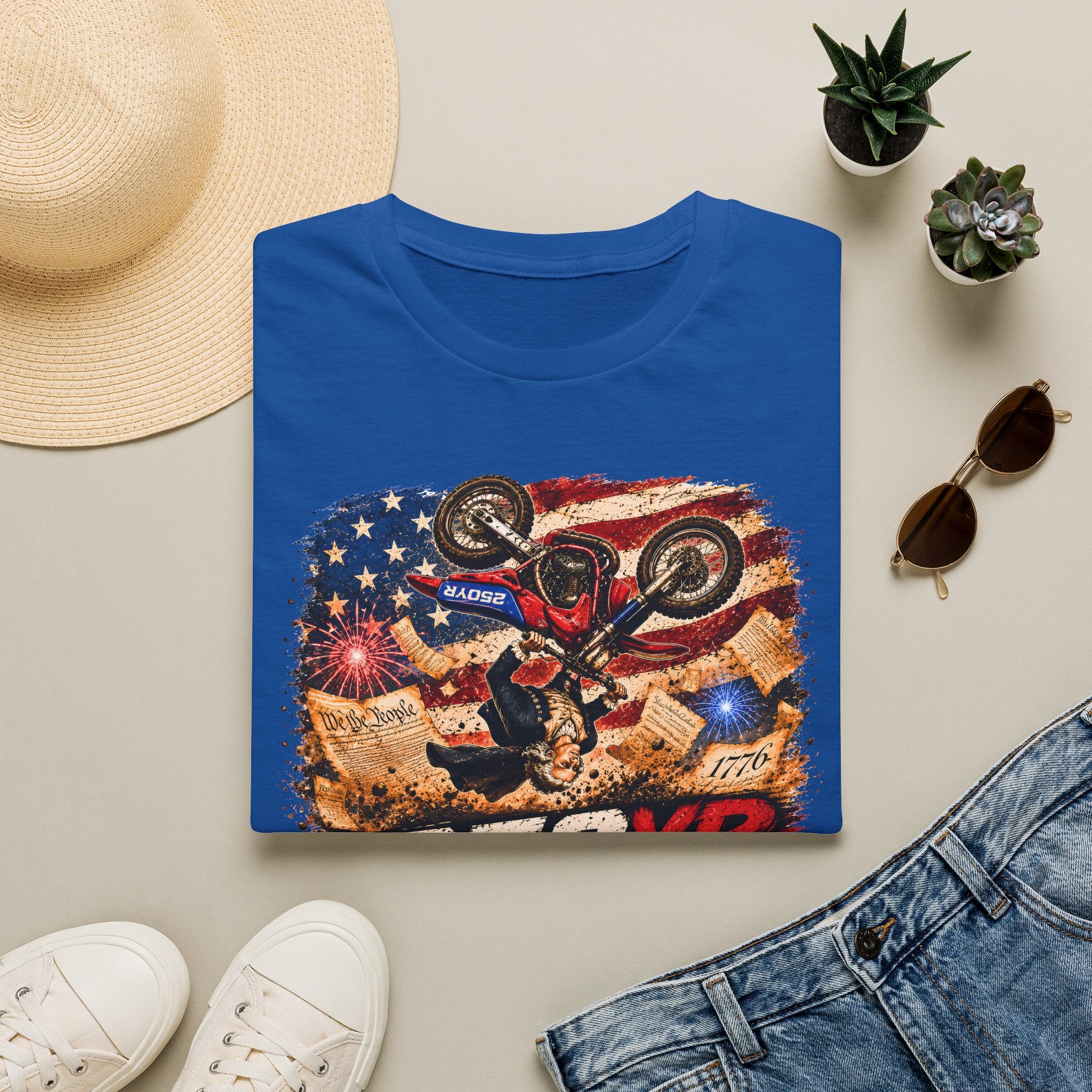 Motorcycle Stunt T-Shirt — American Flag 250YR Dirt Bike Graphic