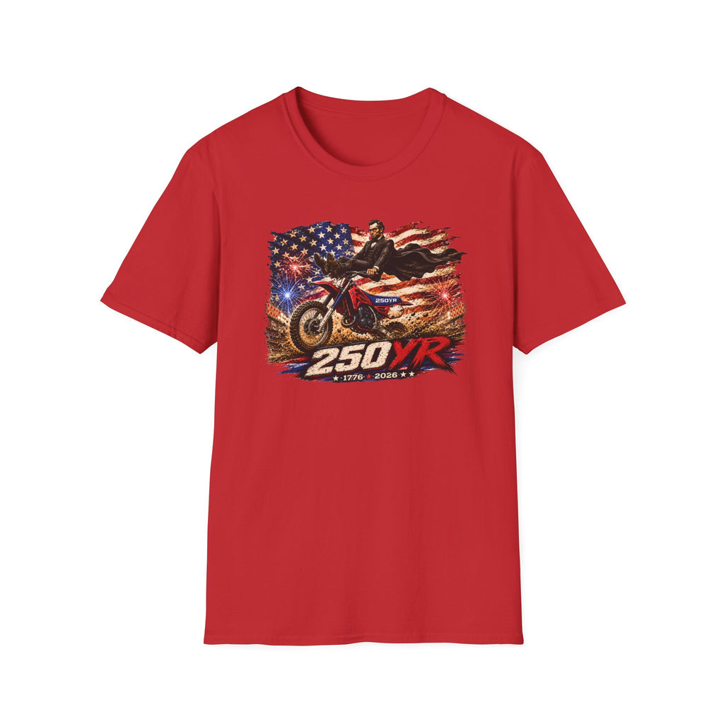 250YR Dirt Bike T‑Shirt — American Flag Motocross Racer Tee