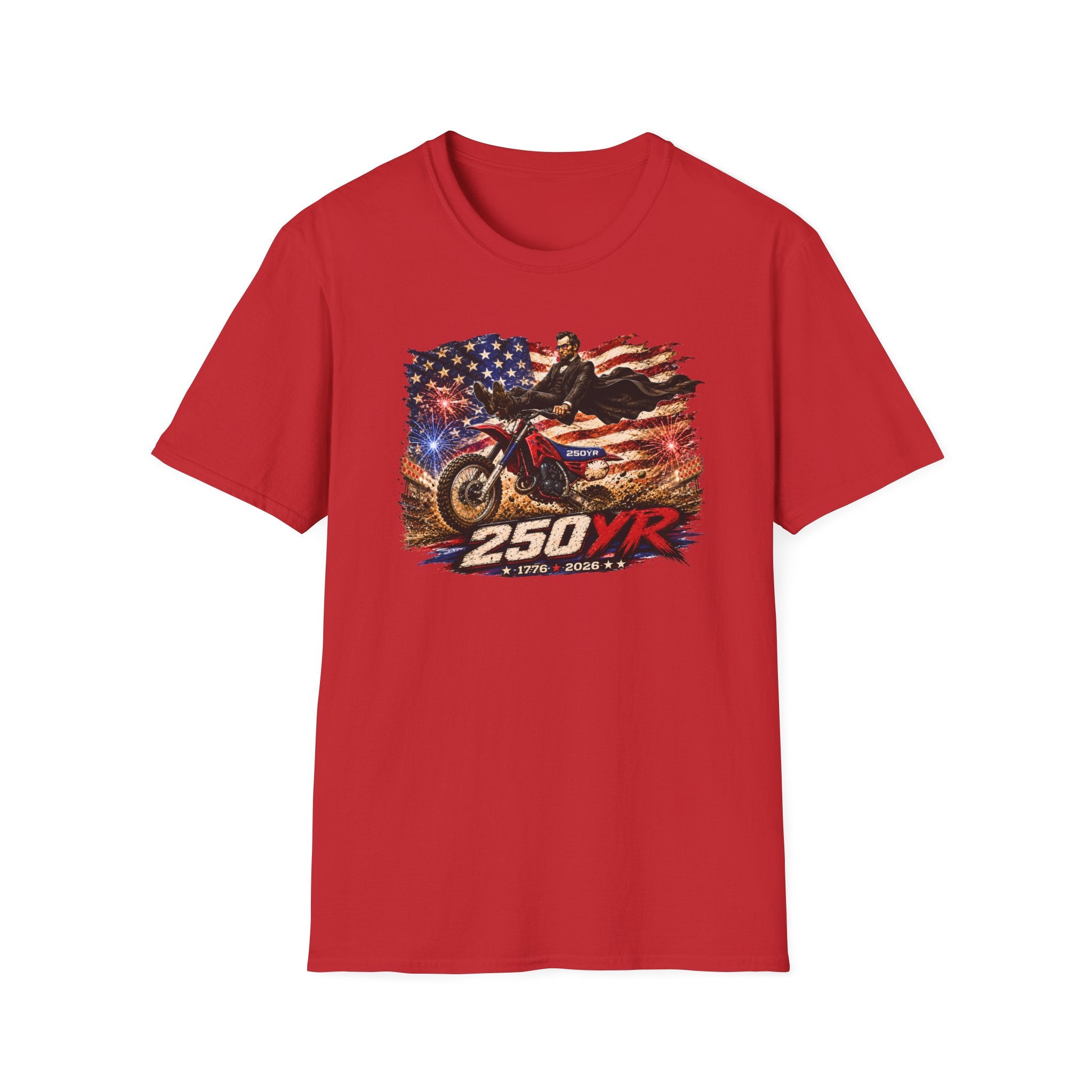 250YR Dirt Bike T‑Shirt — American Flag Motocross Racer Tee