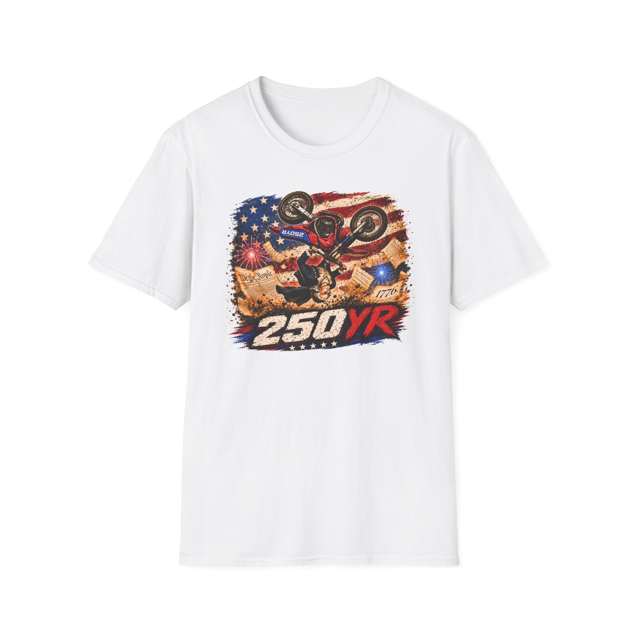 Motorcycle Stunt T-Shirt — American Flag 250YR Dirt Bike Graphic