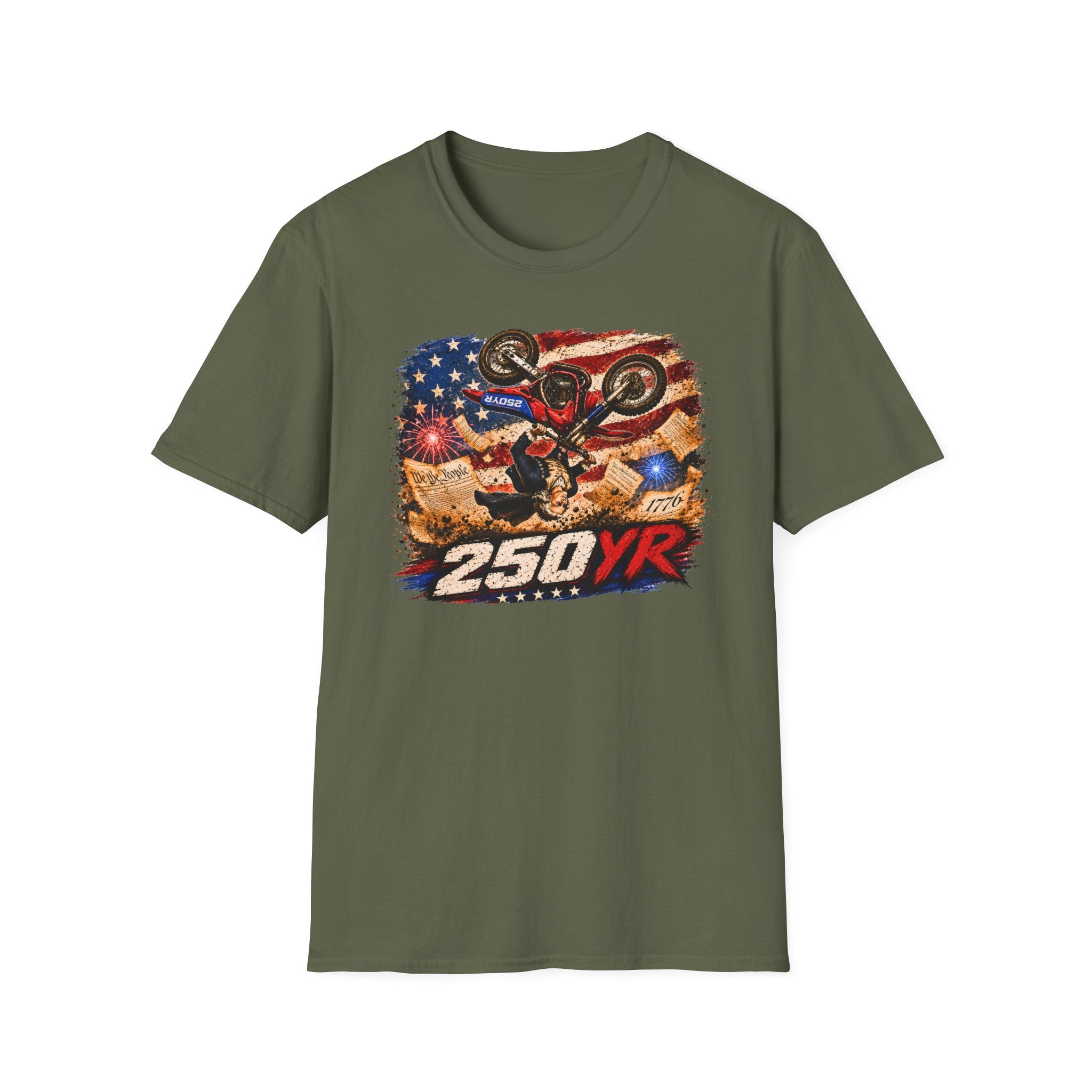 Motorcycle Stunt T-Shirt — American Flag 250YR Dirt Bike Graphic