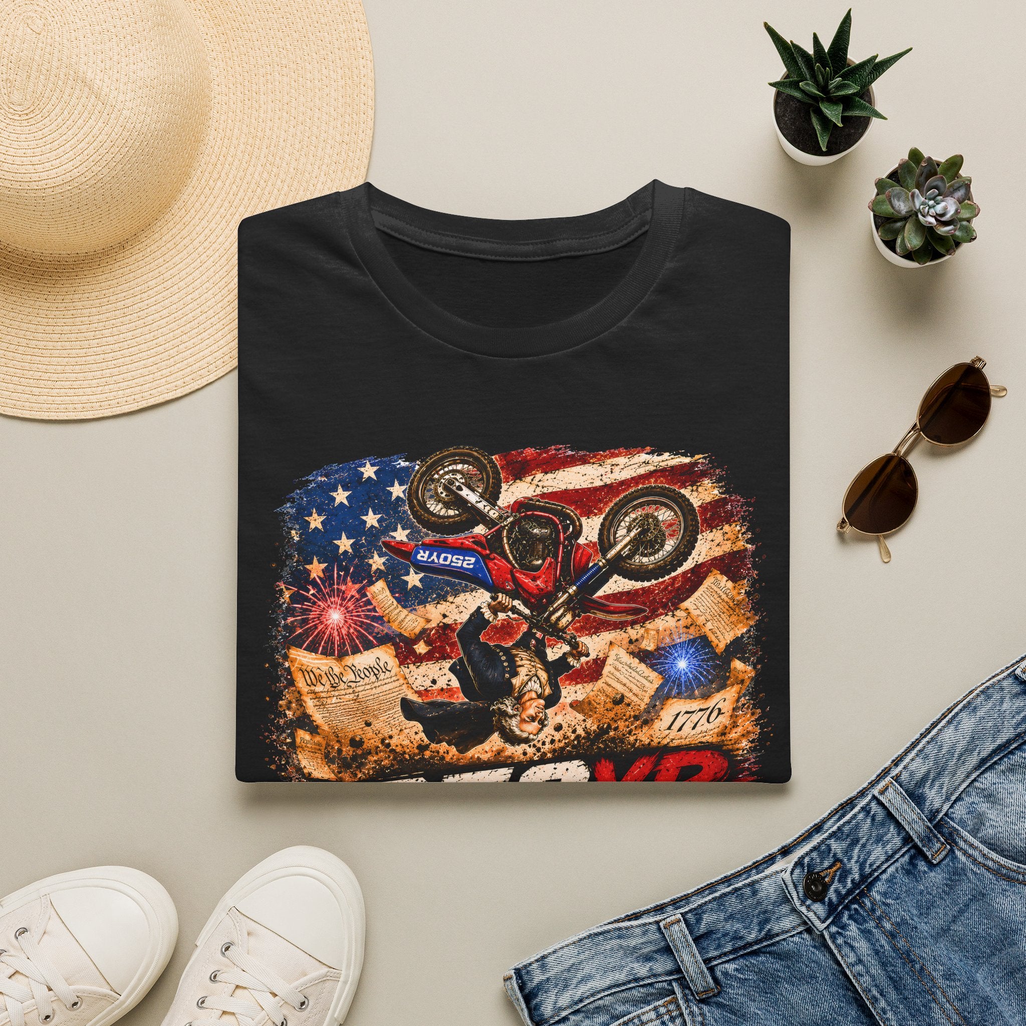 Motorcycle Stunt T-Shirt — American Flag 250YR Dirt Bike Graphic