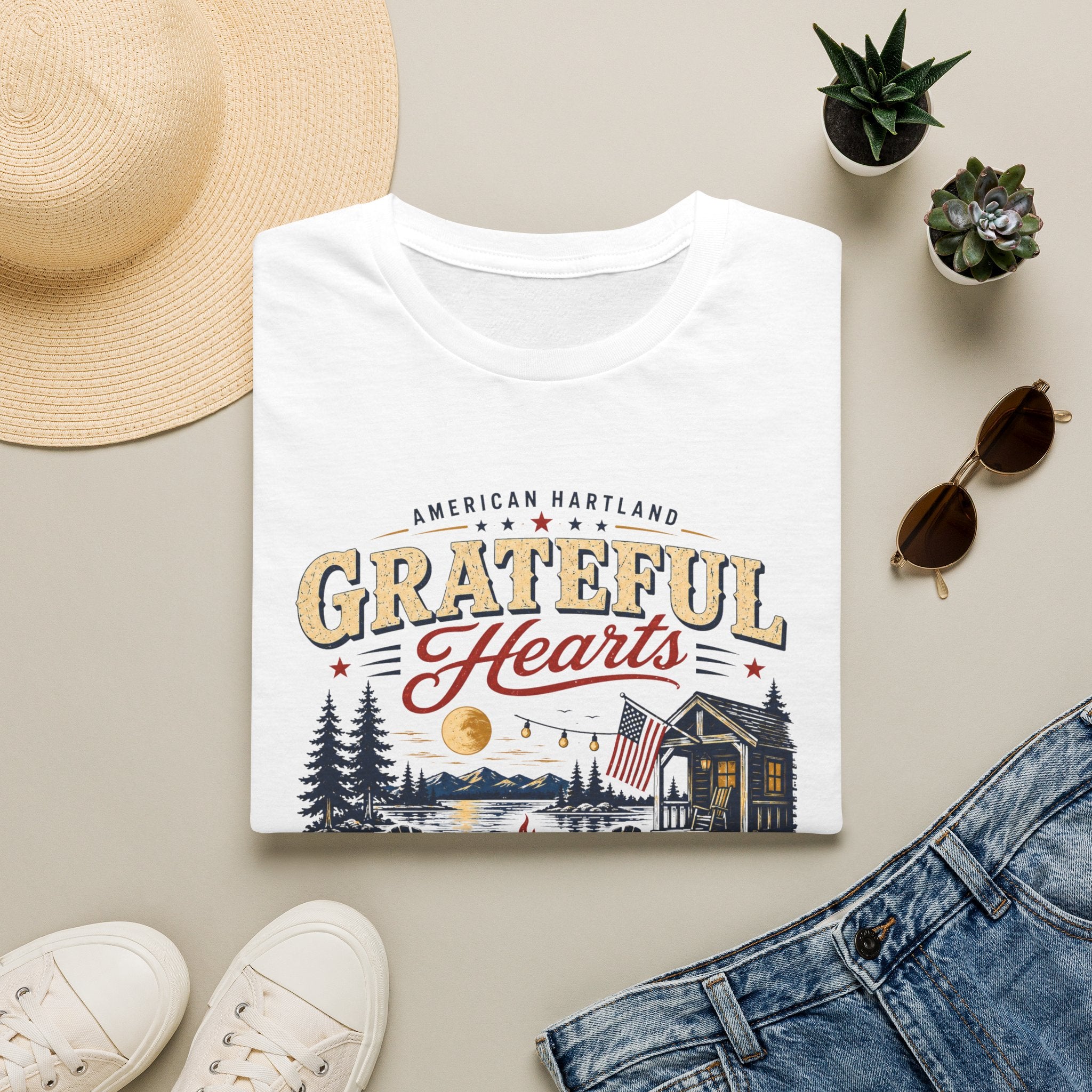 Grateful Hearts T-Shirt — American Heartland Cabin & Campfire Graphic