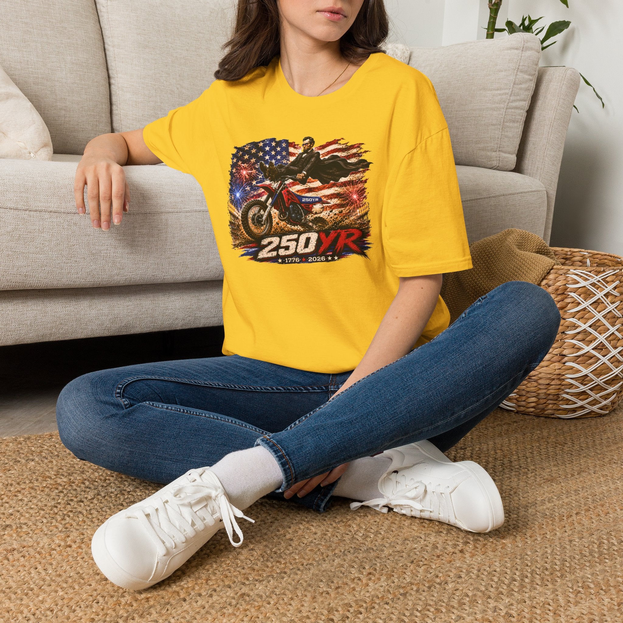 250YR Dirt Bike T‑Shirt — American Flag Motocross Racer Tee