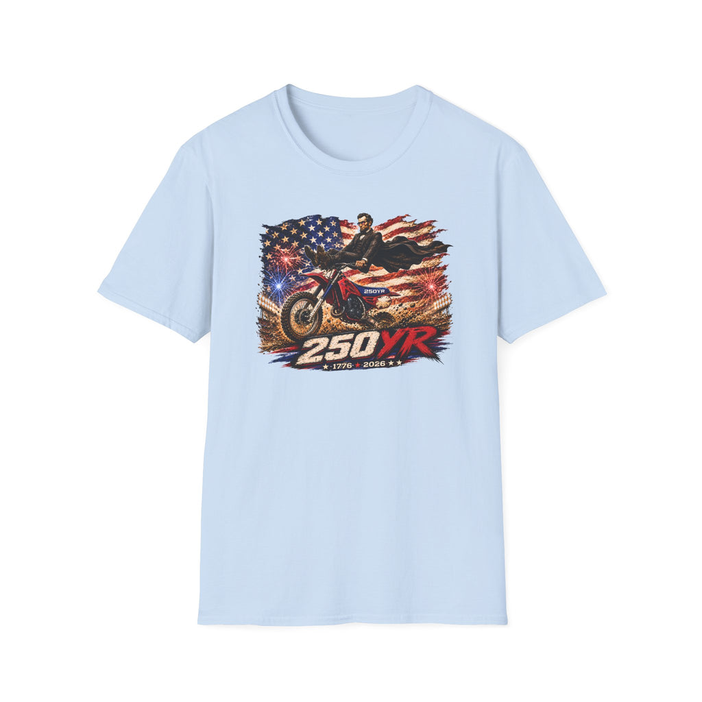 250YR Dirt Bike T‑Shirt — American Flag Motocross Racer Tee