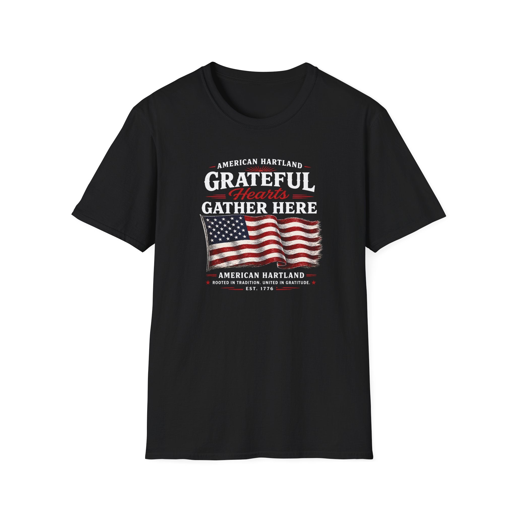 Grateful Hearts Gather Here T-Shirt — American Flag Patriotic Tee
