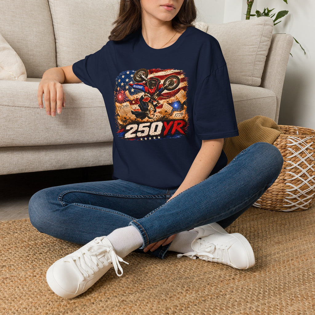 Motorcycle Stunt T-Shirt — American Flag 250YR Dirt Bike Graphic