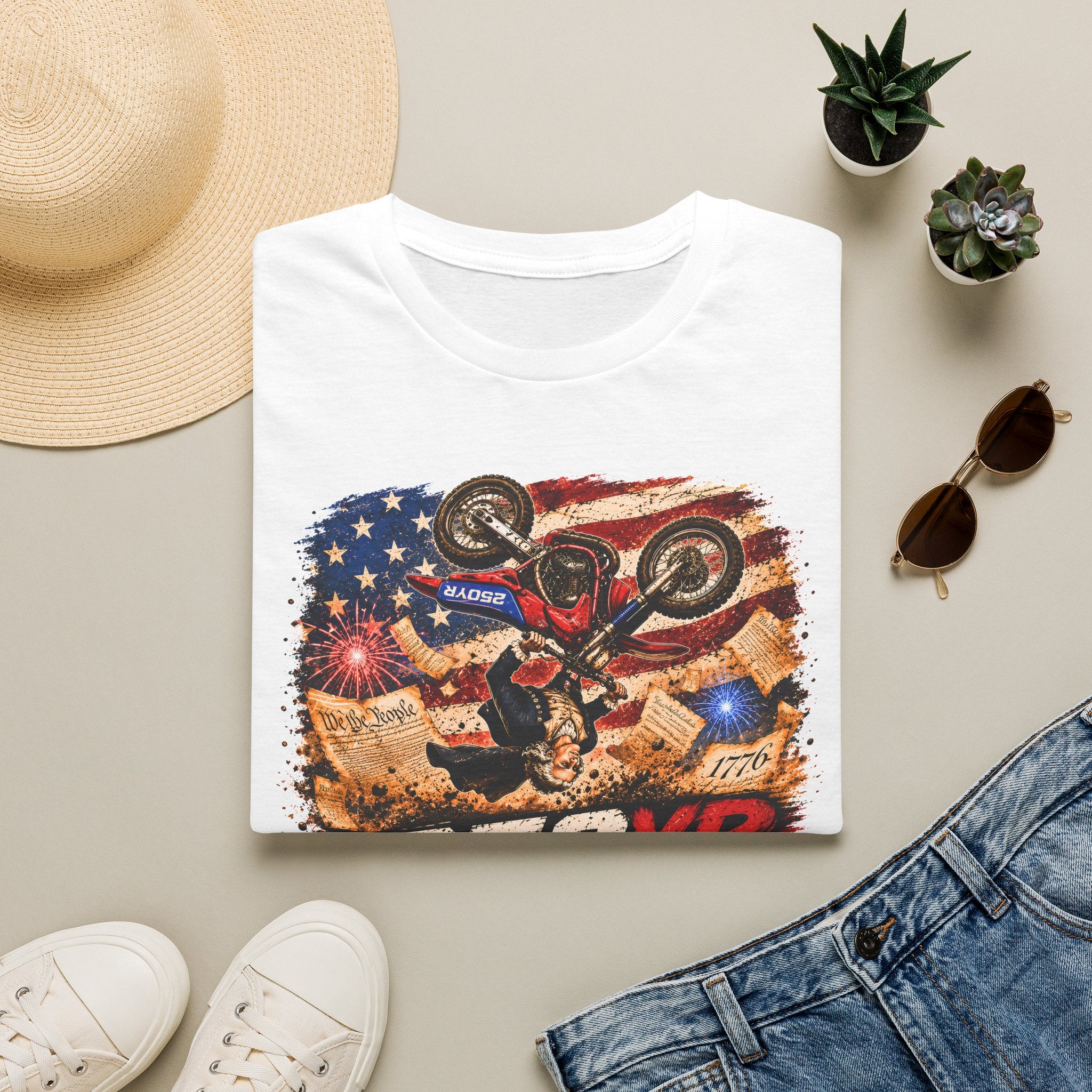 Motorcycle Stunt T-Shirt — American Flag 250YR Dirt Bike Graphic