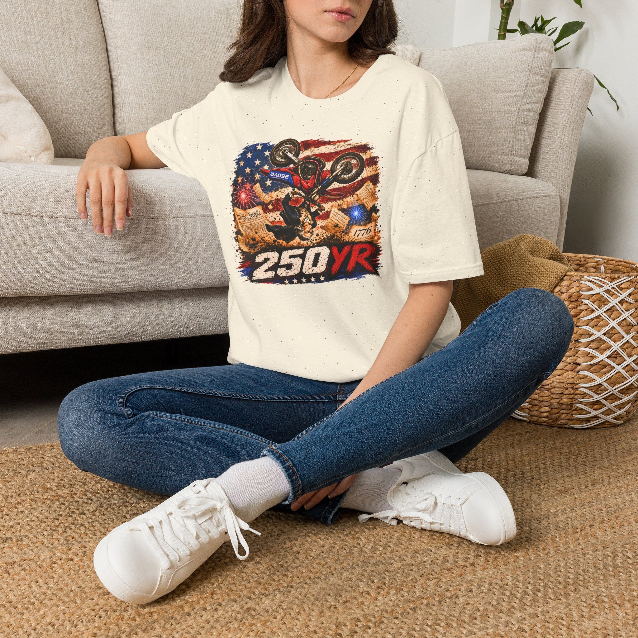 Motorcycle Stunt T-Shirt — American Flag 250YR Dirt Bike Graphic