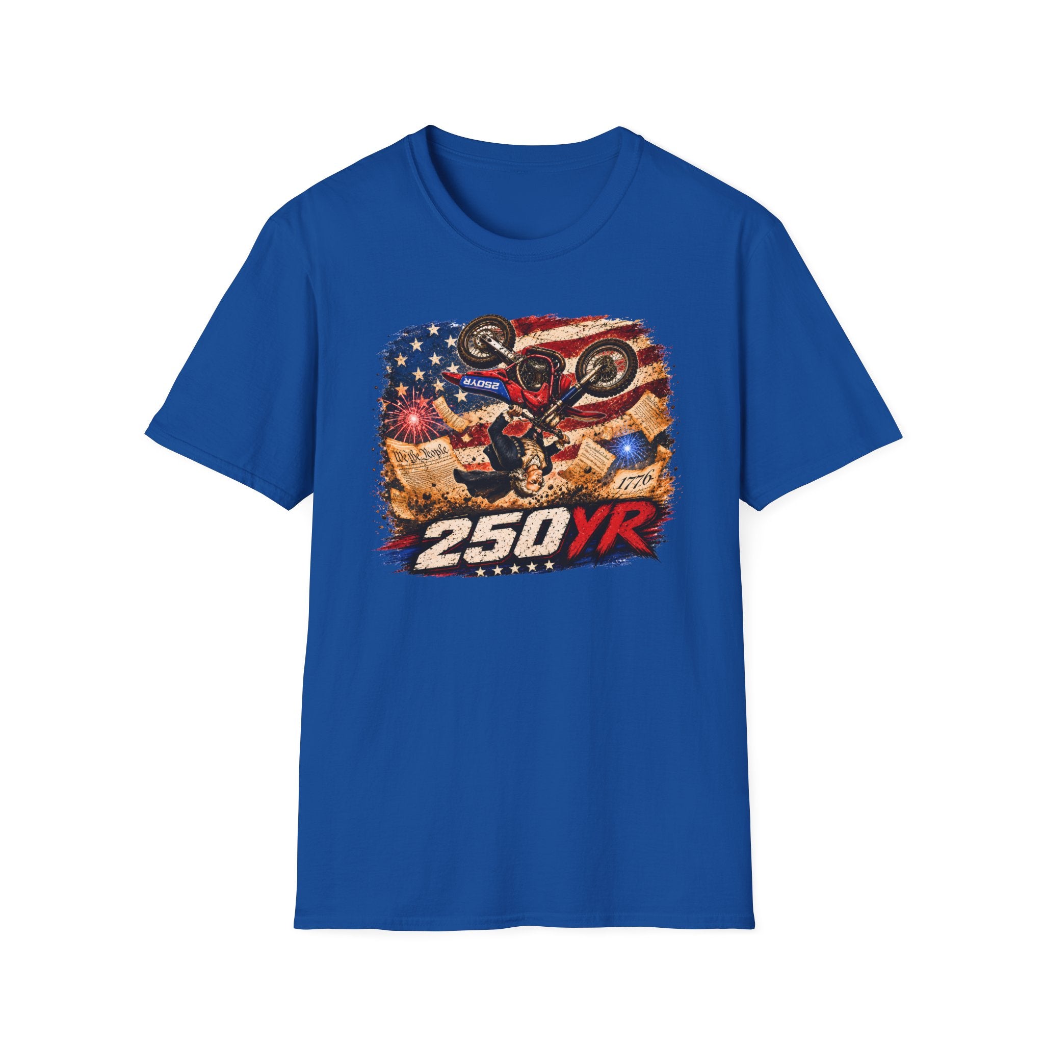Motorcycle Stunt T-Shirt — American Flag 250YR Dirt Bike Graphic