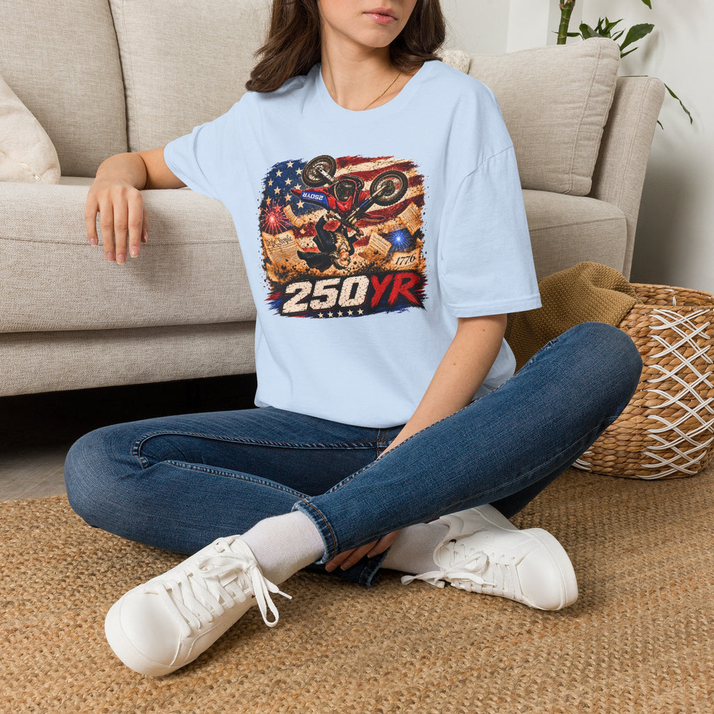 Motorcycle Stunt T-Shirt — American Flag 250YR Dirt Bike Graphic