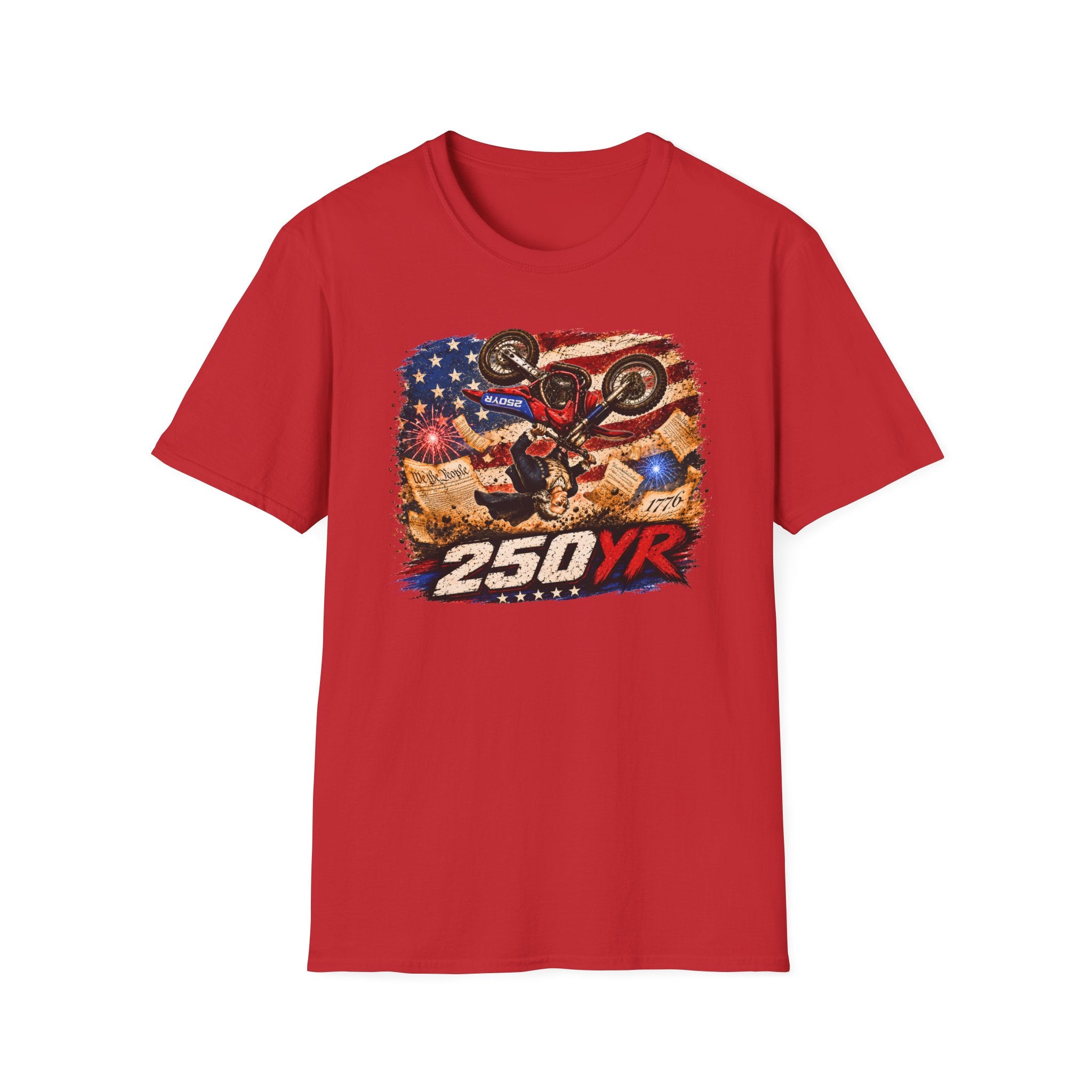 Motorcycle Stunt T-Shirt — American Flag 250YR Dirt Bike Graphic