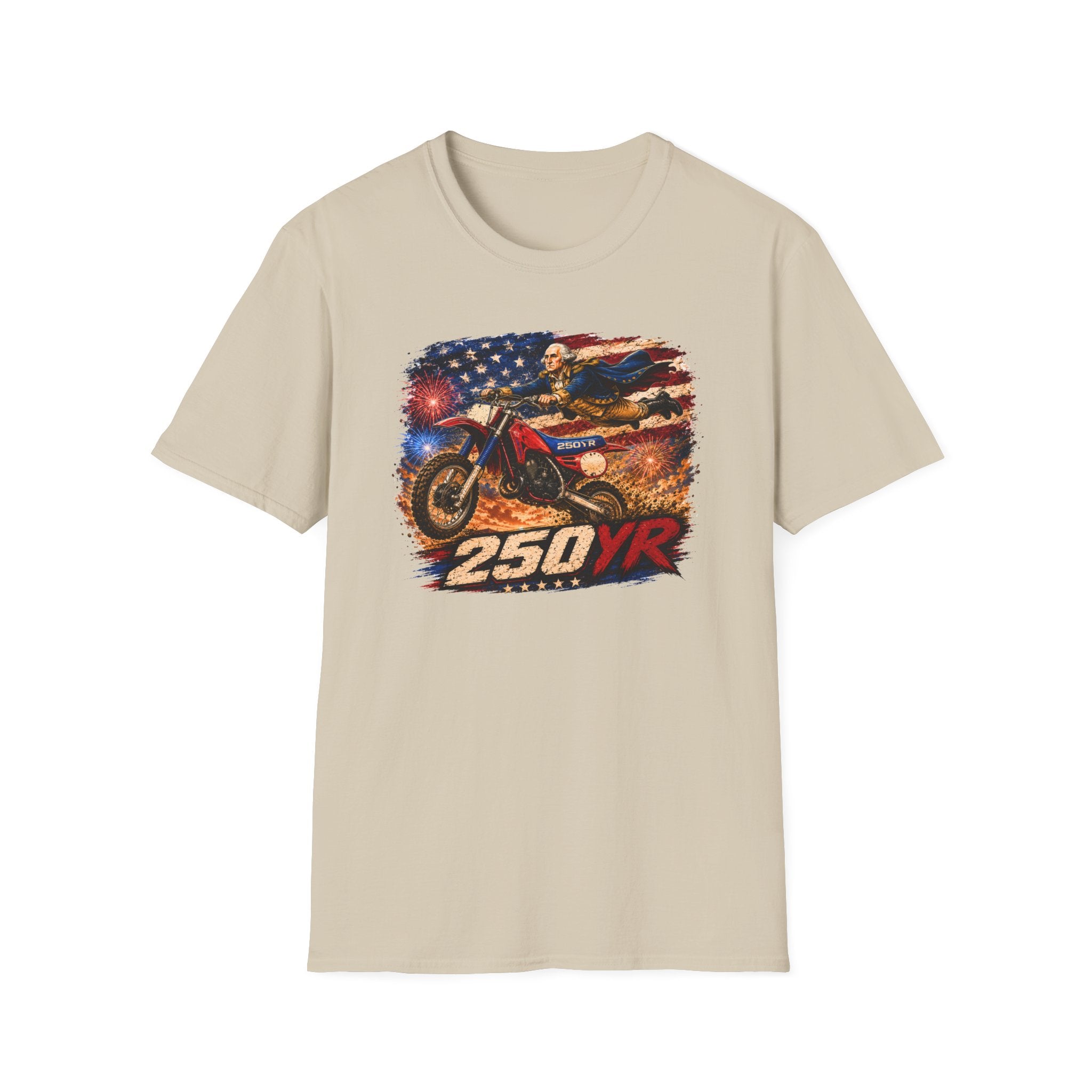 Motorcycle Patriotic T-Shirt — '250 YR' American Flag Dirt Bike Design