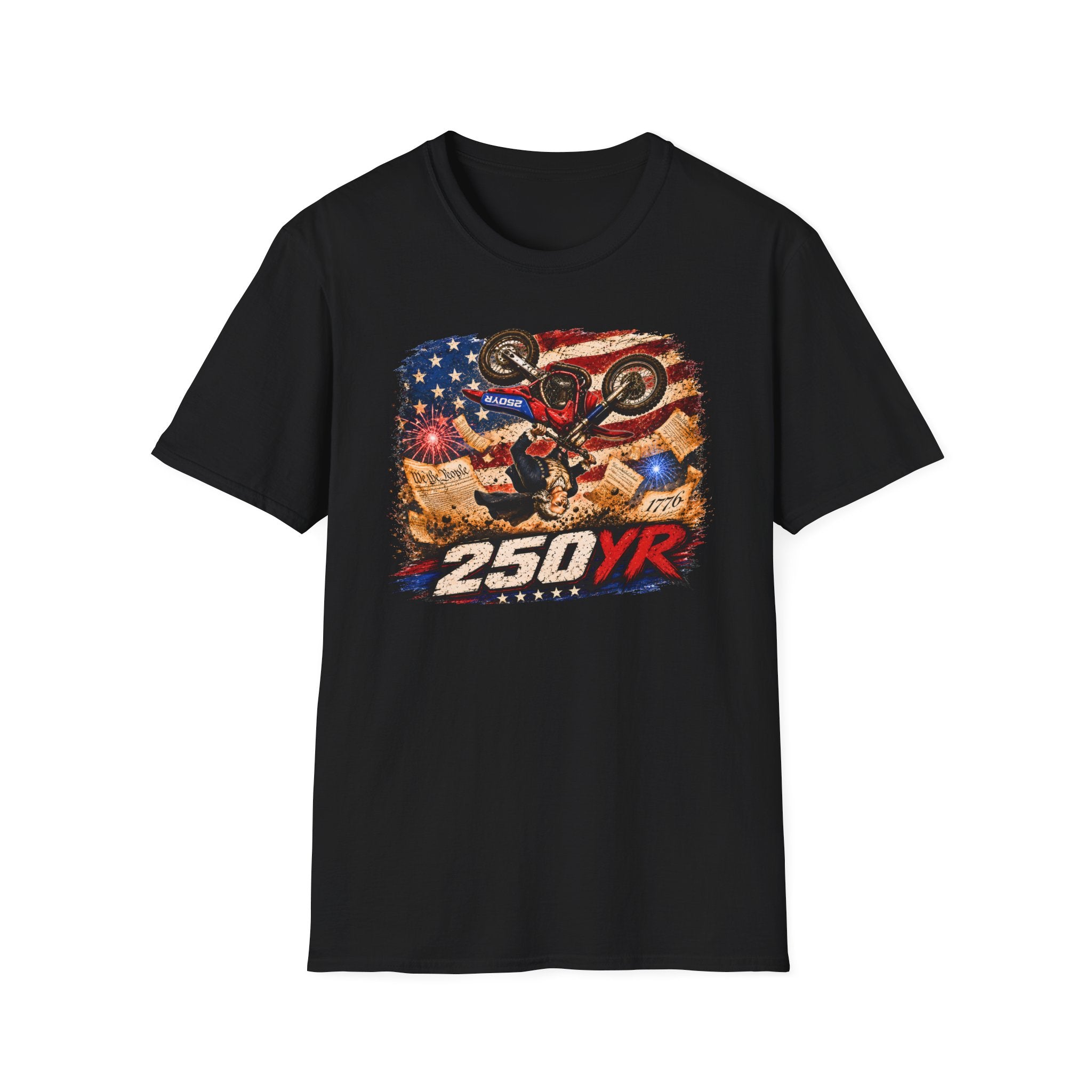 Motorcycle Stunt T-Shirt — American Flag 250YR Dirt Bike Graphic