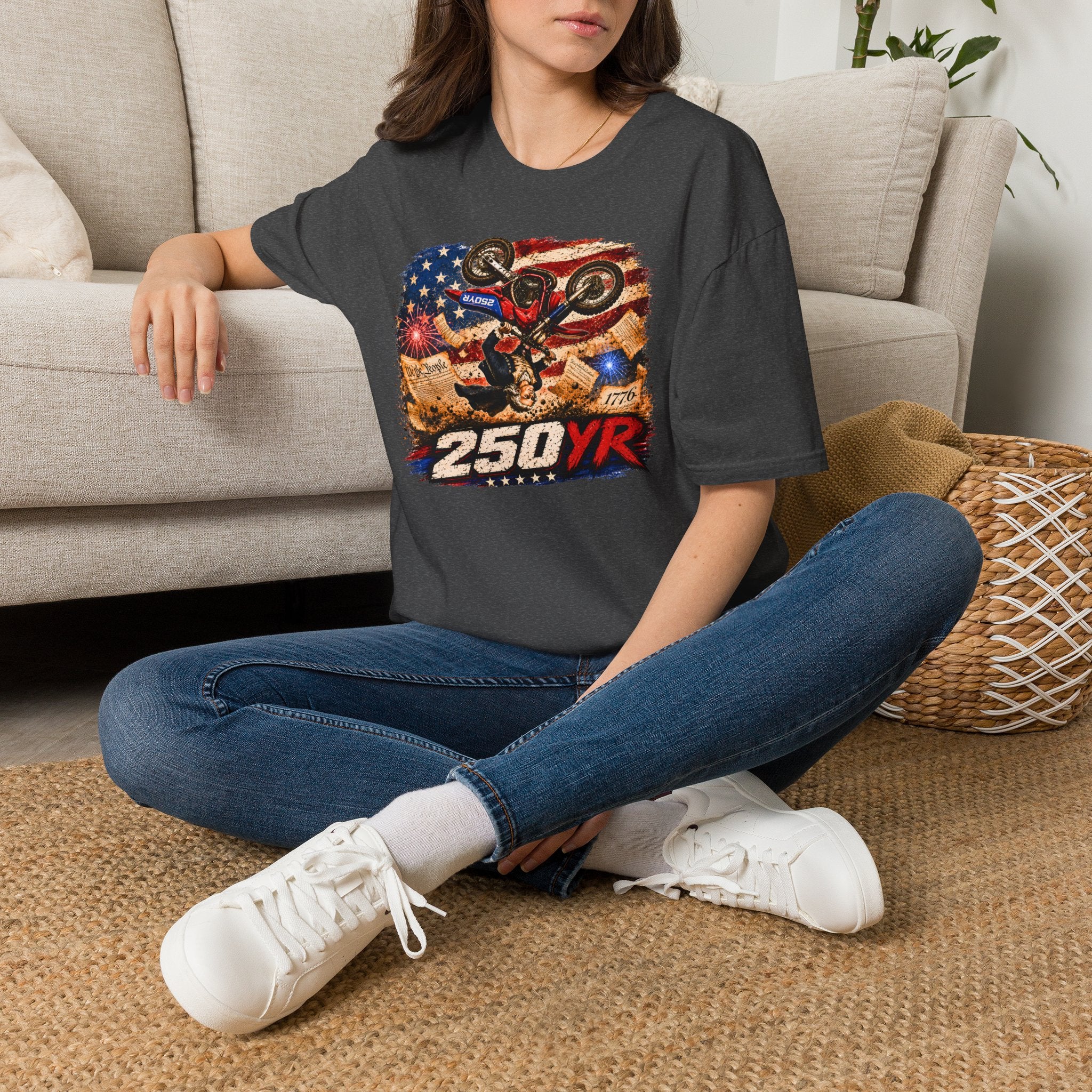 Motorcycle Stunt T-Shirt — American Flag 250YR Dirt Bike Graphic