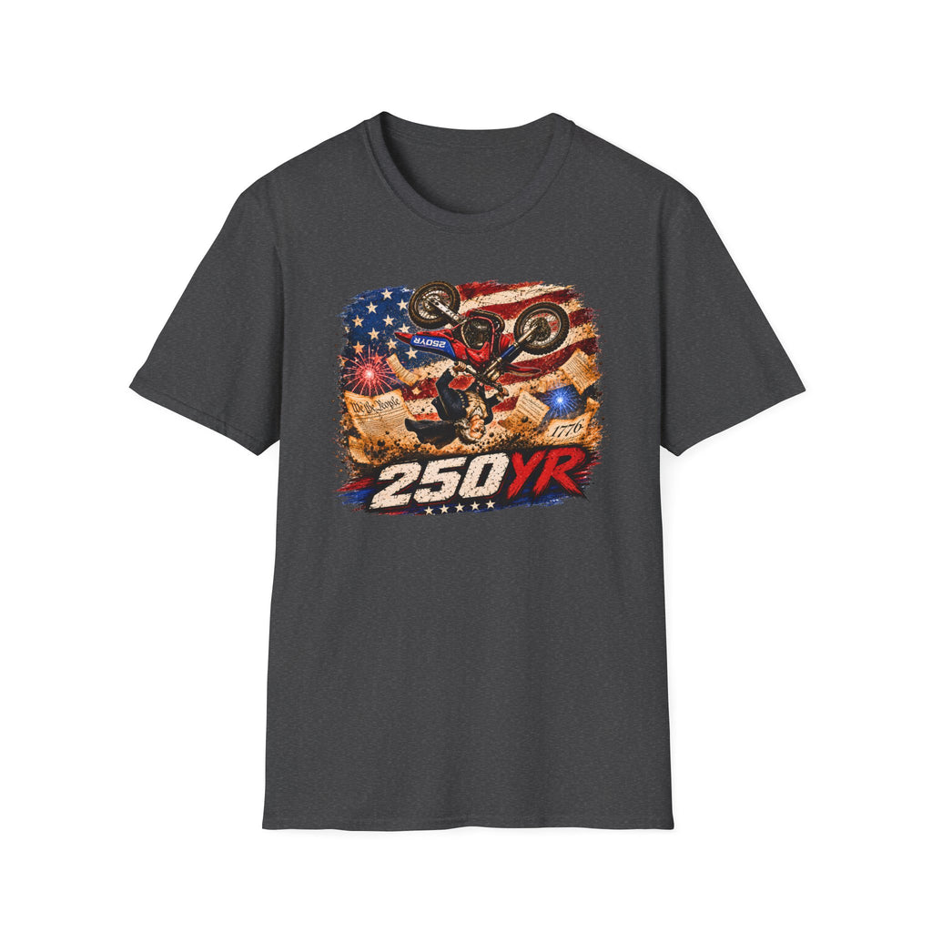 Motorcycle Stunt T-Shirt — American Flag 250YR Dirt Bike Graphic