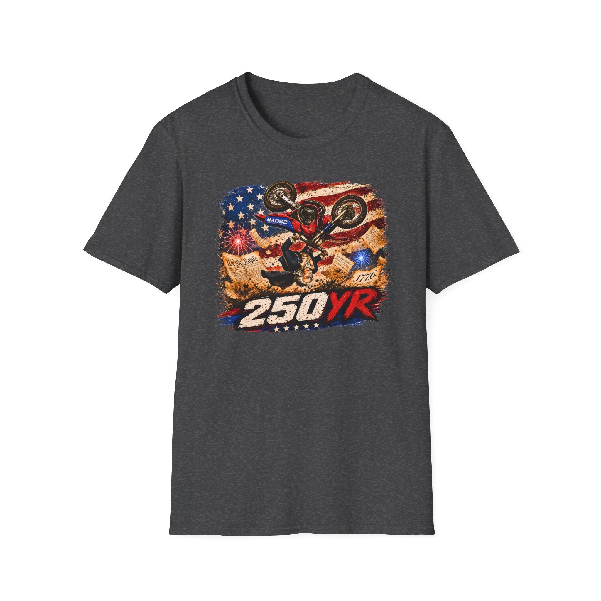 Motorcycle Stunt T-Shirt — American Flag 250YR Dirt Bike Graphic