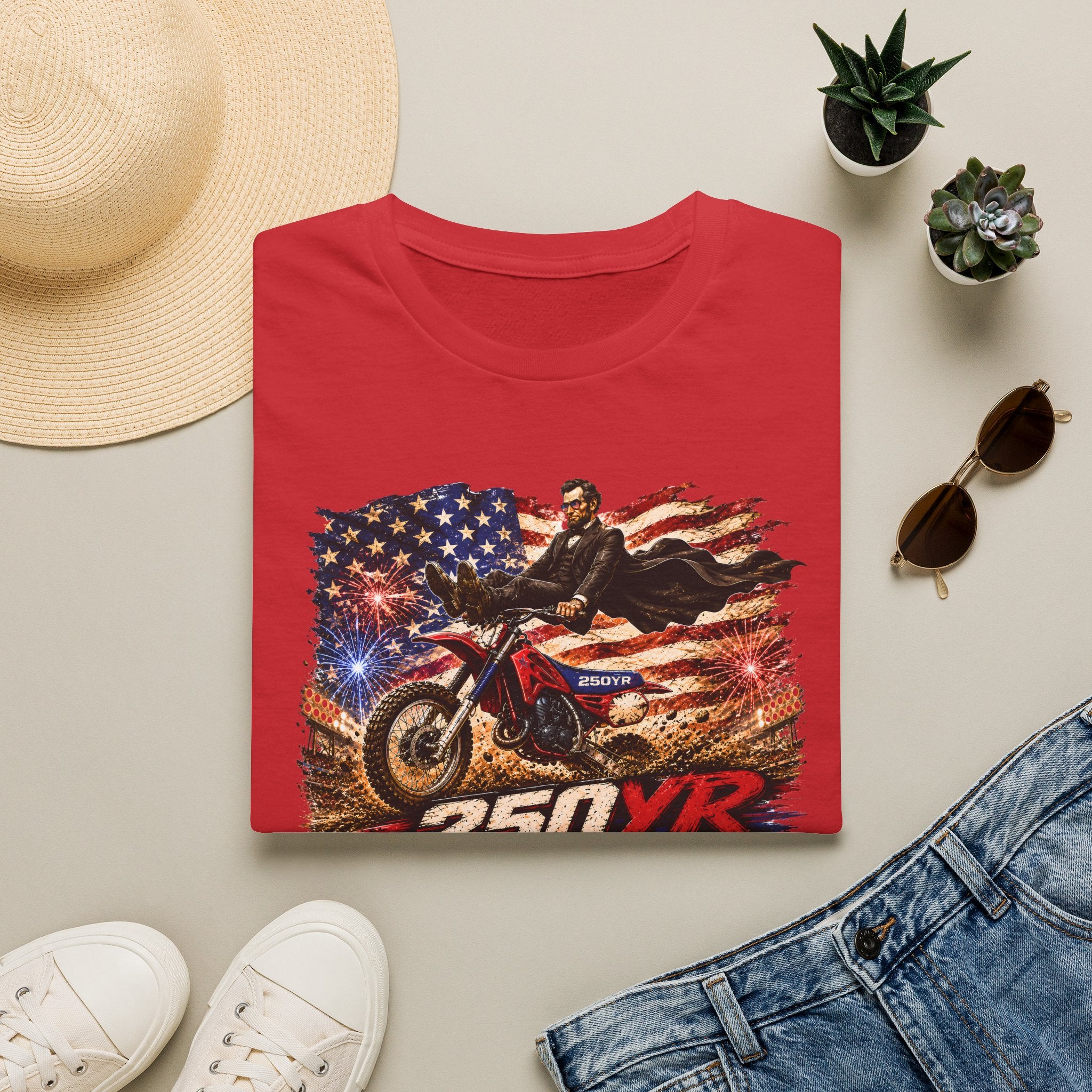 250YR Dirt Bike T‑Shirt — American Flag Motocross Racer Tee