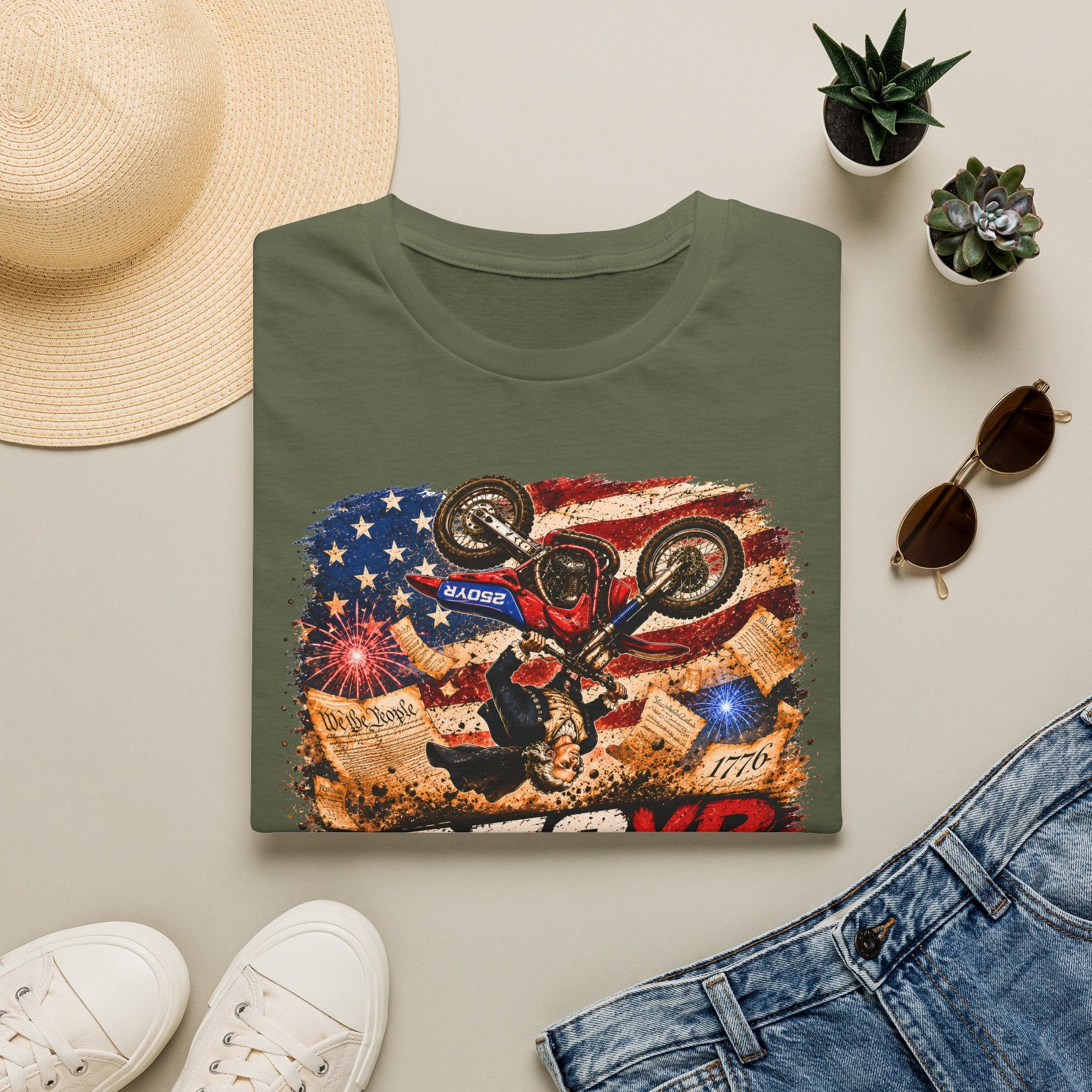 Motorcycle Stunt T-Shirt — American Flag 250YR Dirt Bike Graphic
