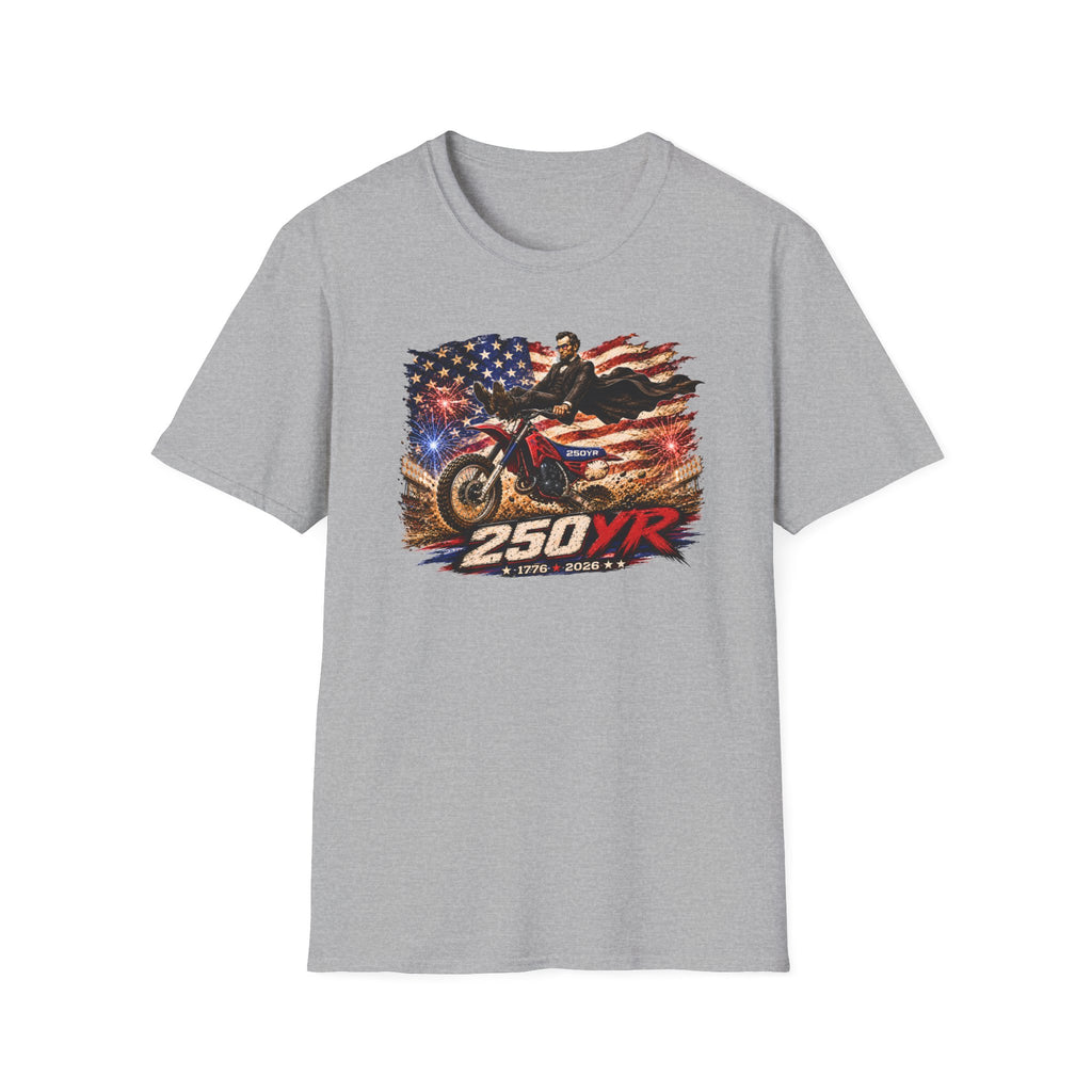 250YR Dirt Bike T‑Shirt — American Flag Motocross Racer Tee
