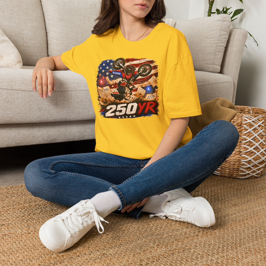 Motorcycle Stunt T-Shirt — American Flag 250YR Dirt Bike Graphic