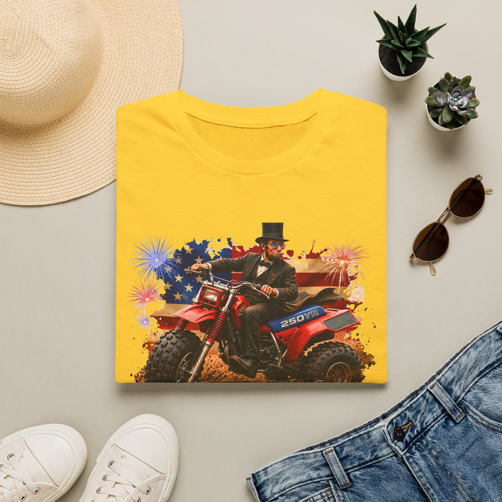 Patriotic Lincoln Riding ATV T-Shirt — 4th of July Veteran Americana Tee