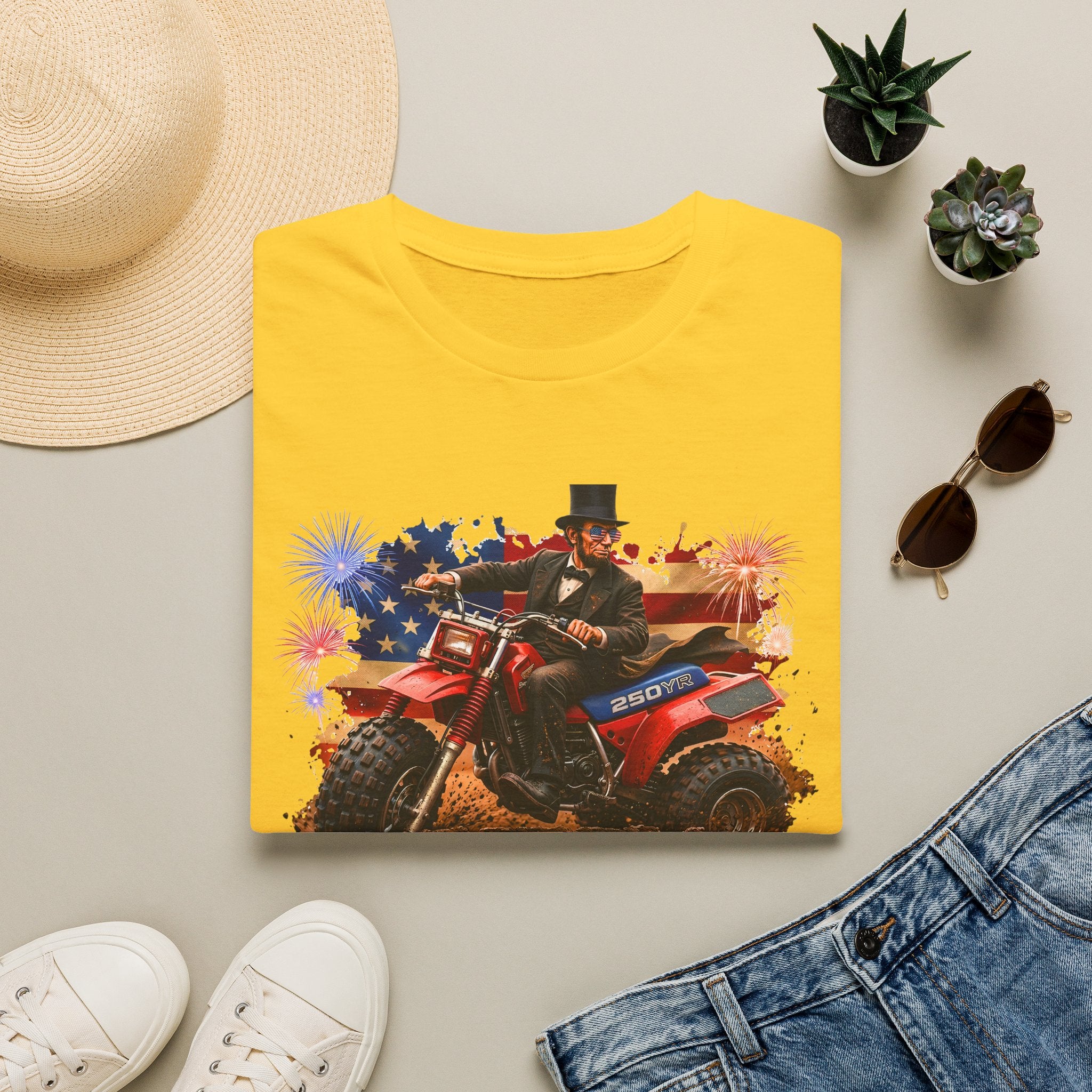 Patriotic Lincoln Riding ATV T-Shirt — 4th of July Veteran Americana Tee
