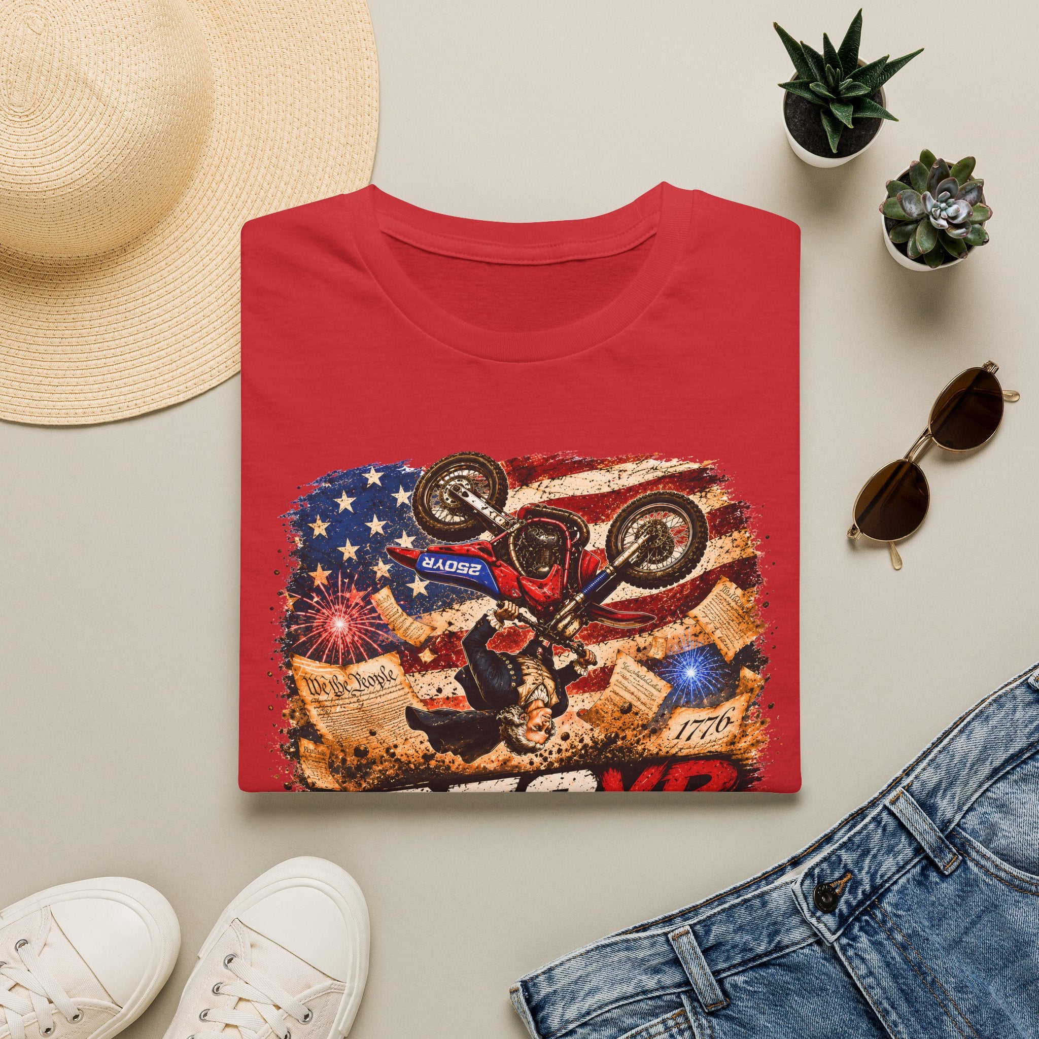 Motorcycle Stunt T-Shirt — American Flag 250YR Dirt Bike Graphic