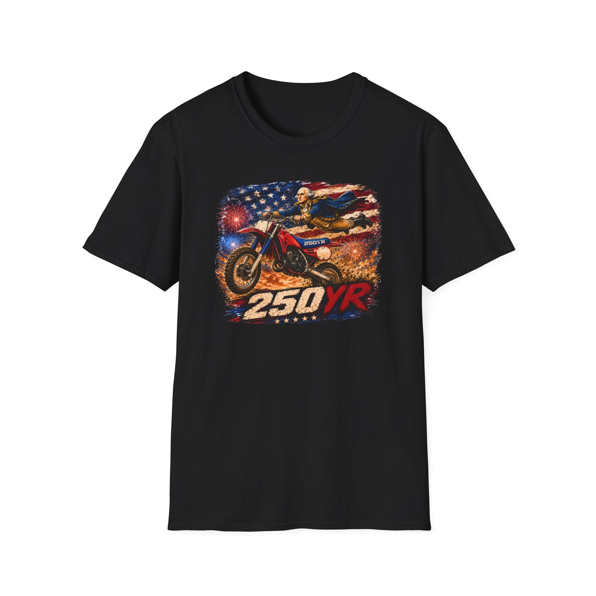 Motorcycle Patriotic T-Shirt — '250 YR' American Flag Dirt Bike Design