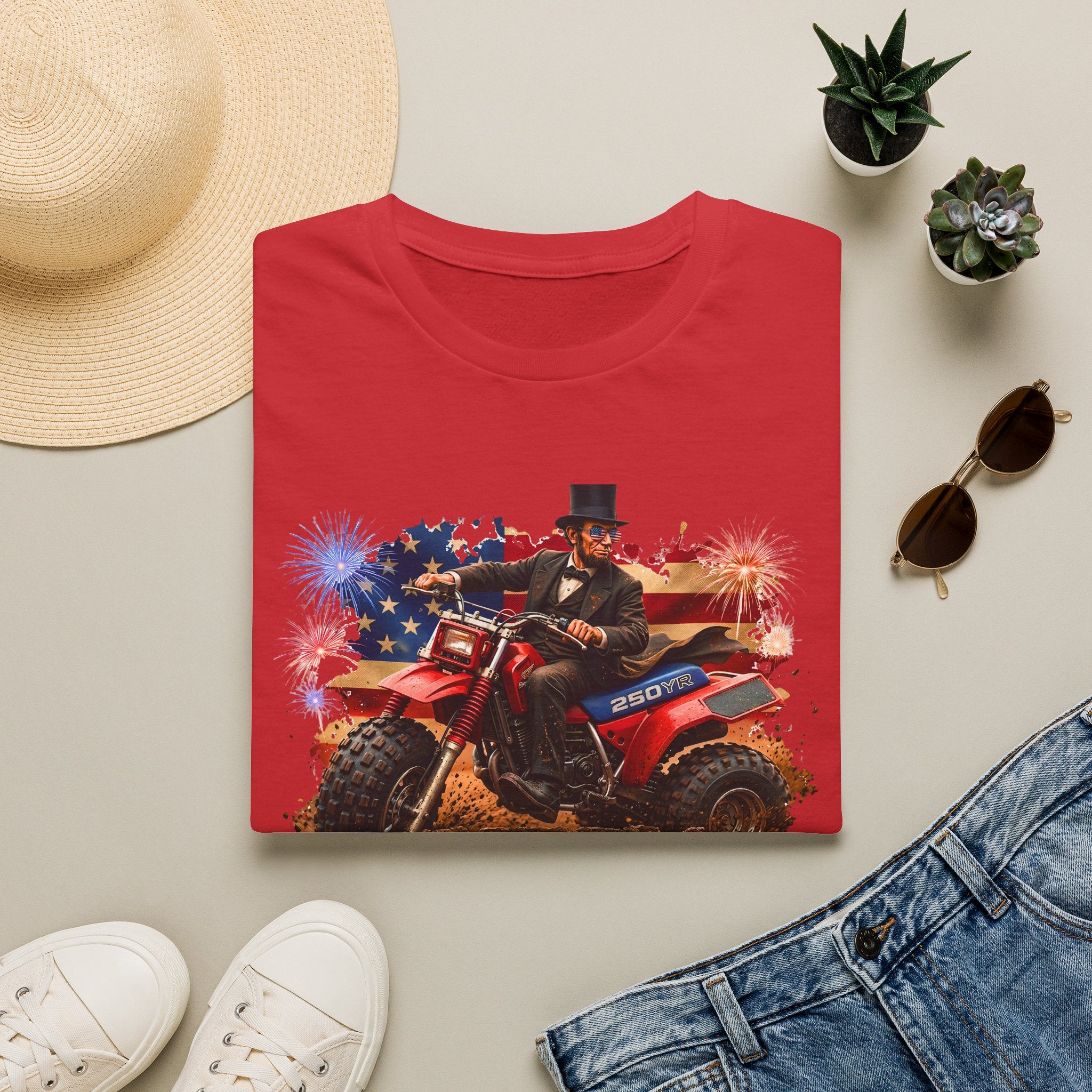 Patriotic Lincoln Riding ATV T-Shirt — 4th of July Veteran Americana Tee