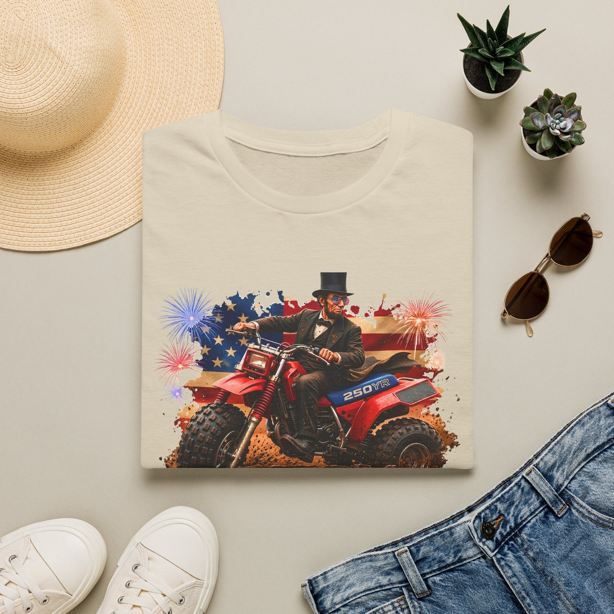 Patriotic Lincoln Riding ATV T-Shirt — 4th of July Veteran Americana Tee