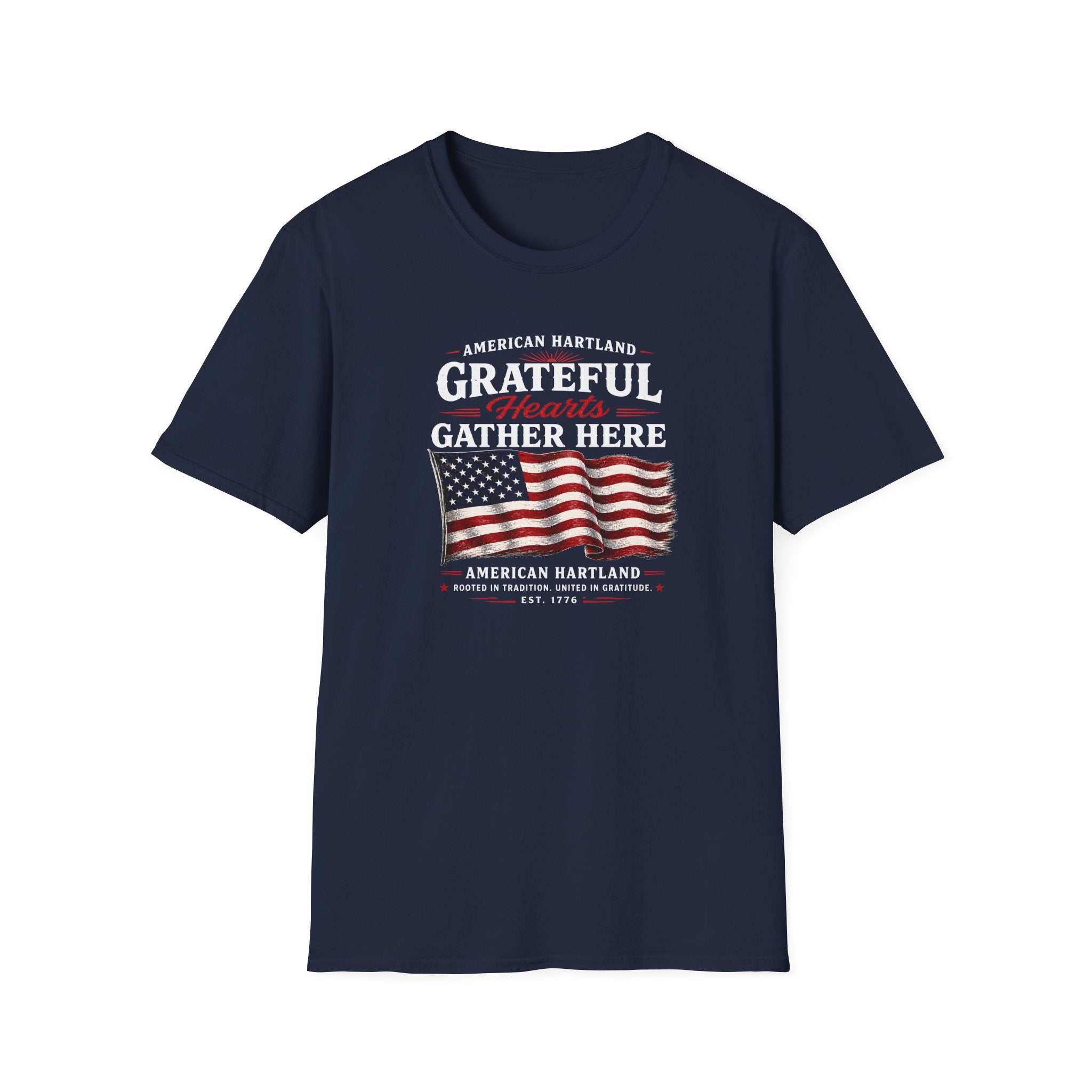 Grateful Hearts Gather Here T-Shirt — American Flag Patriotic Tee