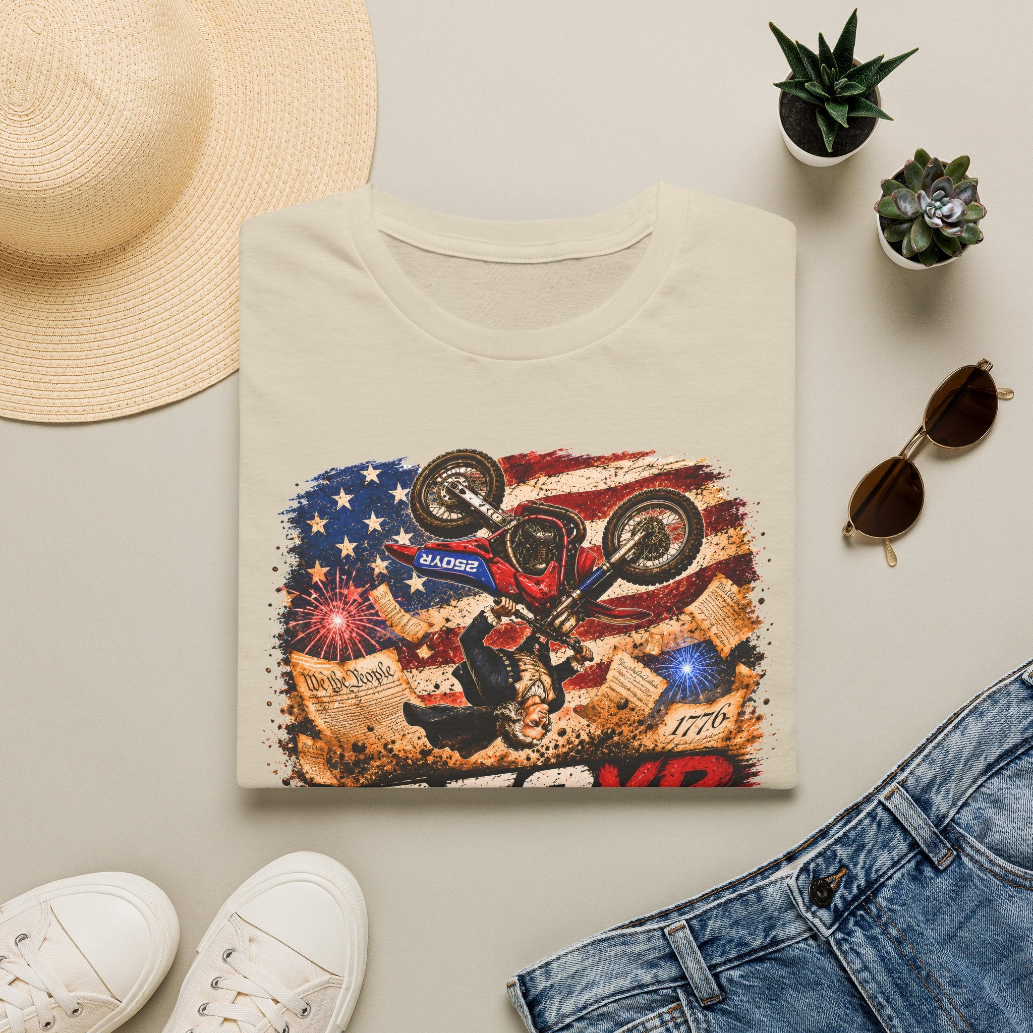 Motorcycle Stunt T-Shirt — American Flag 250YR Dirt Bike Graphic