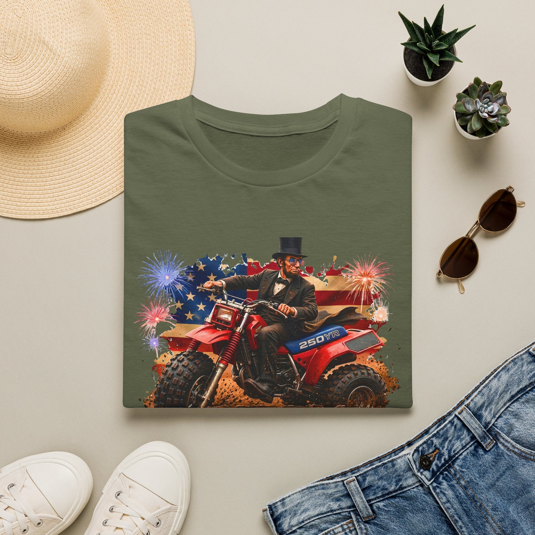 Patriotic Lincoln Riding ATV T-Shirt — 4th of July Veteran Americana Tee