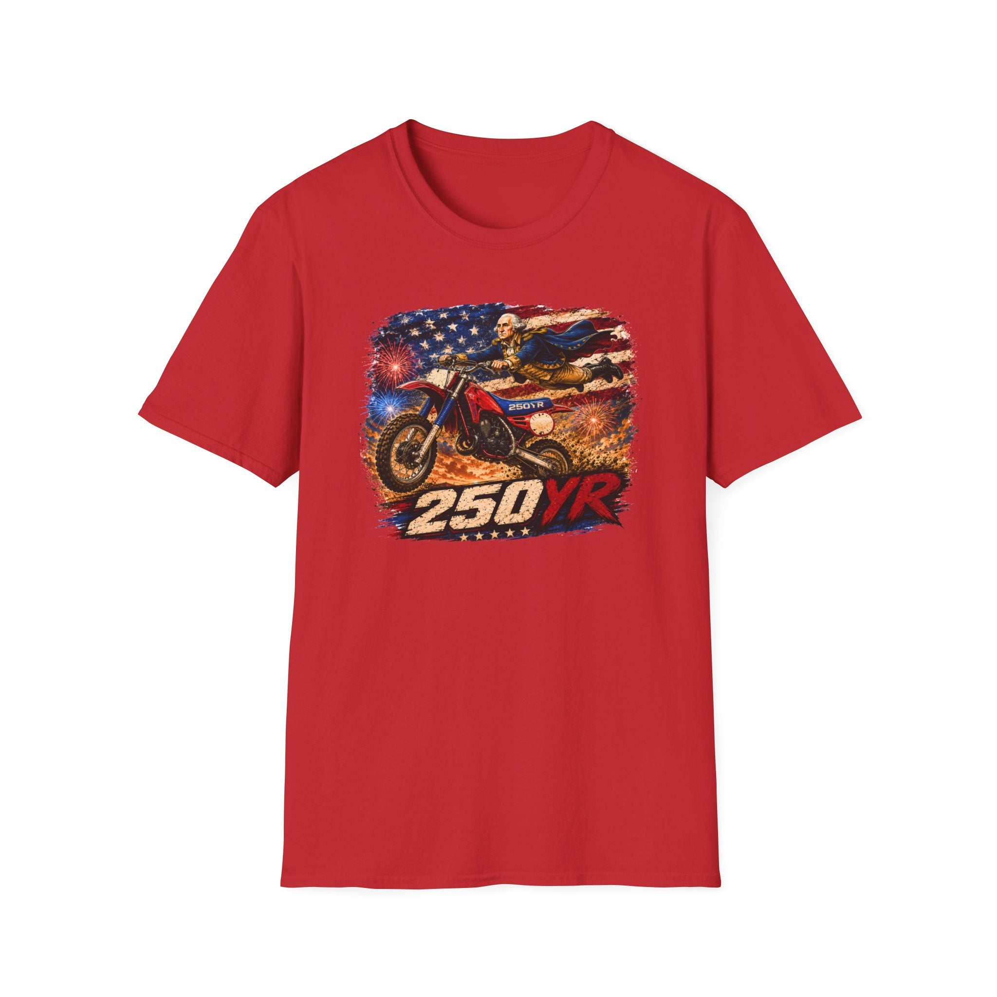 Motorcycle Patriotic T-Shirt — '250 YR' American Flag Dirt Bike Design